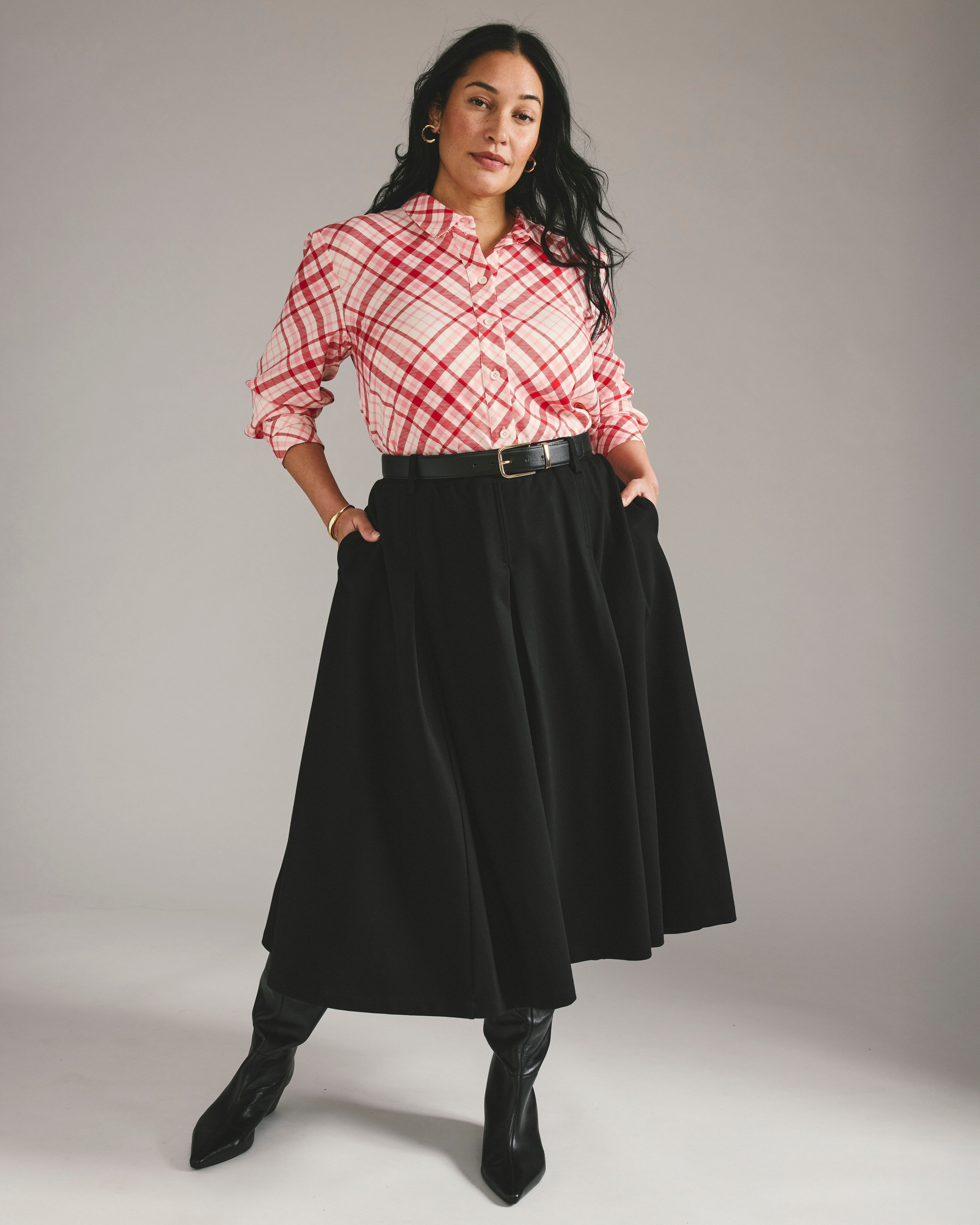 Cooling Stretch Cupro Oversized Artist Shirt - Red Plaid Print