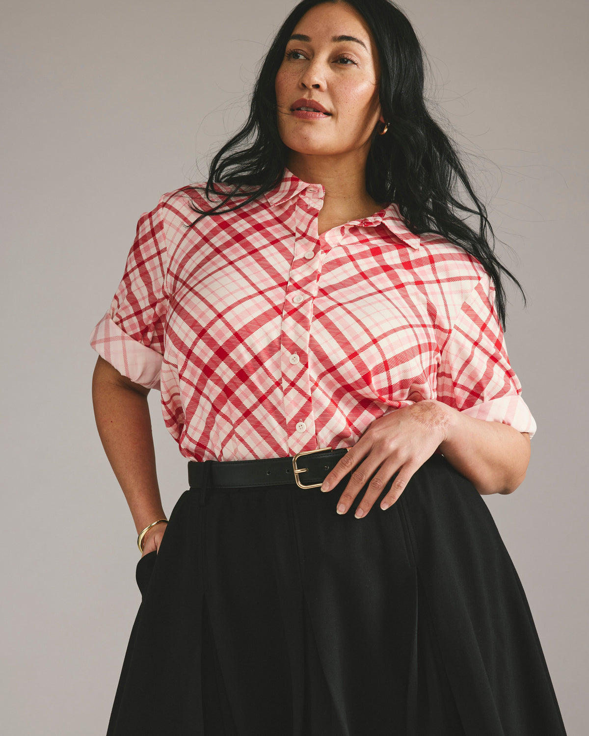 Cooling Stretch Cupro Oversized Artist Shirt - Red Plaid Print