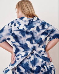 Button Back Linen Blend Polo Shirt - Blue Pressed Flower Print