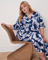 Button Back Linen Blend Polo Shirt - Blue Pressed Flower Print