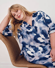 Button Back Linen Blend Polo Shirt - Blue Pressed Flower Print