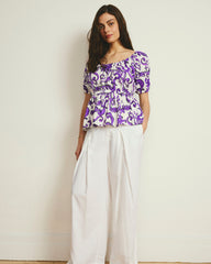 Andrea Peplum Linen Blend Top - Purple Majolica Print