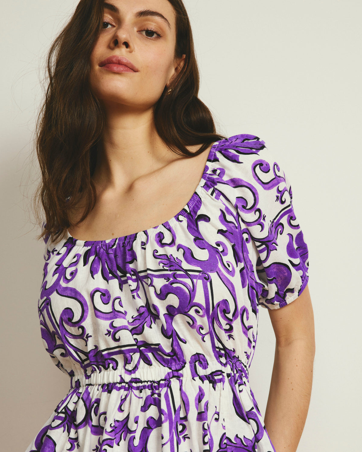 Andrea Peplum Linen Blend Top - Purple Majolica Print