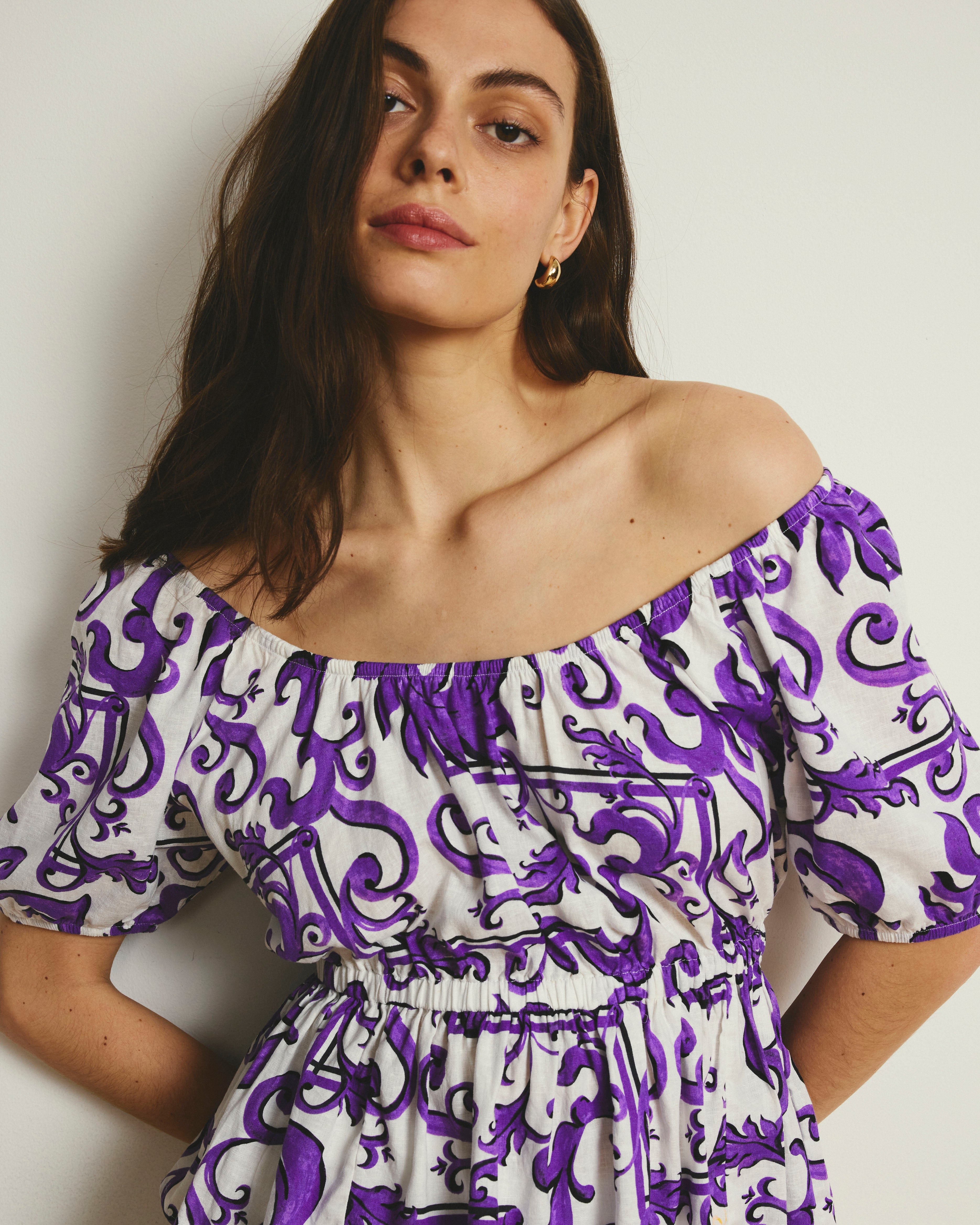 Andrea Peplum Linen Blend Top - Purple Majolica Print