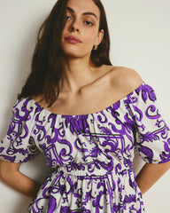 Andrea Peplum Linen Blend Top - Purple Majolica Print