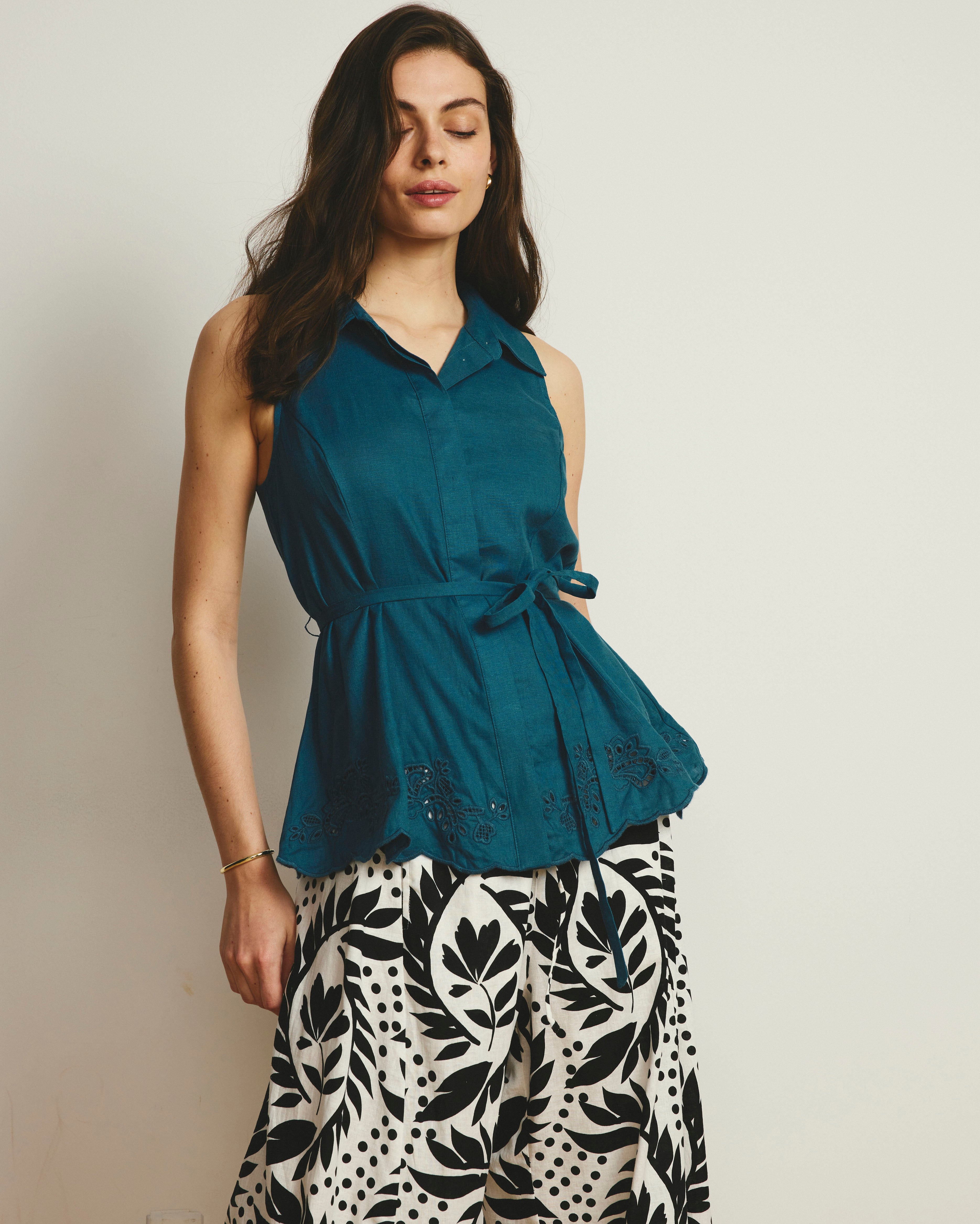 Adelaide Embroidered Sleeveless Linen Blend Shirt - Ink Blue