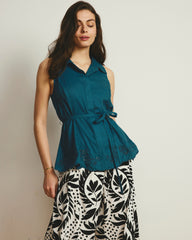 Adelaide Embroidered Sleeveless Linen Blend Shirt - Ink Blue