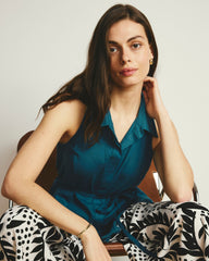 Adelaide Embroidered Sleeveless Linen Blend Shirt - Ink Blue