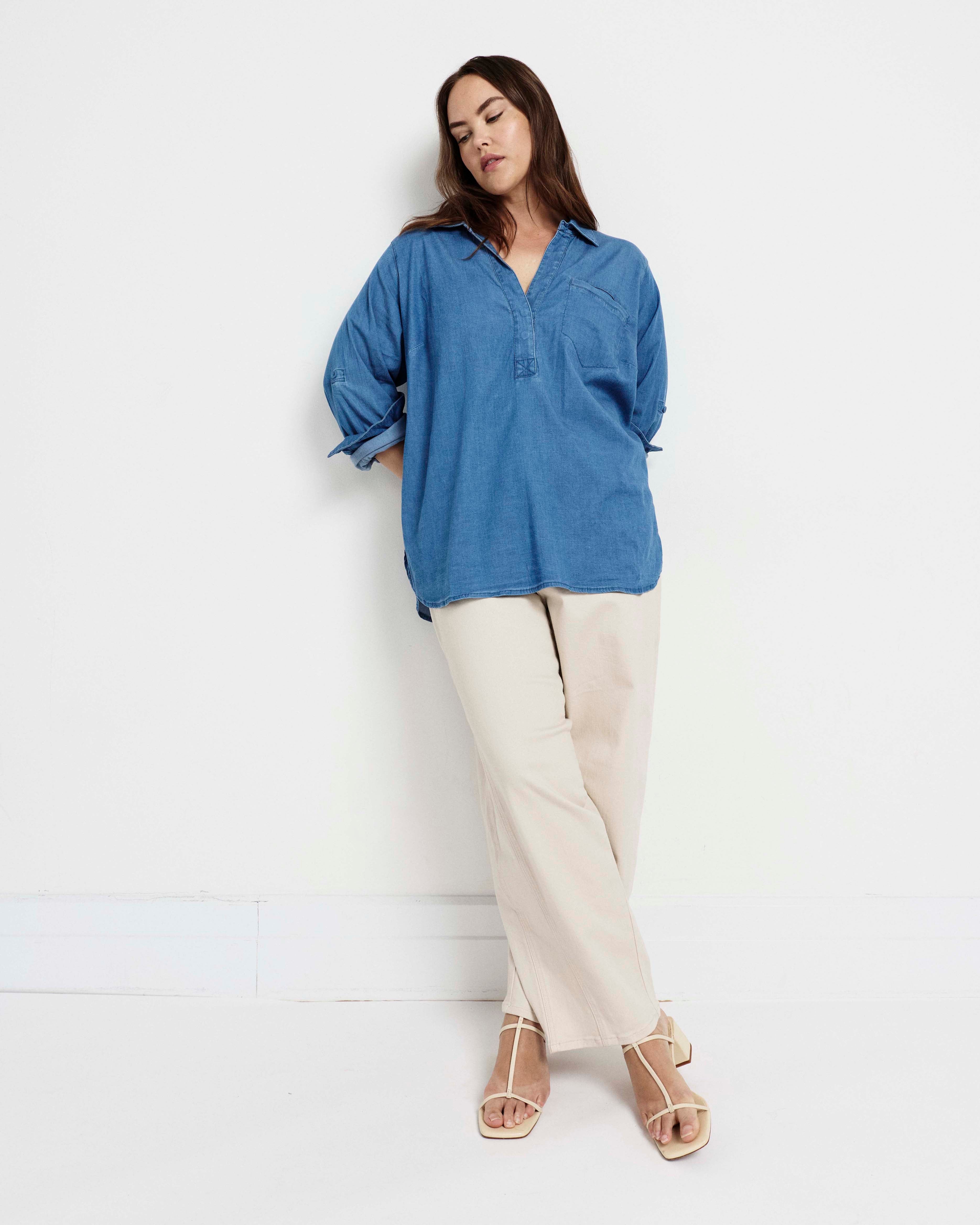 Button Back Tencel Chambray Shirt - Cove Blue