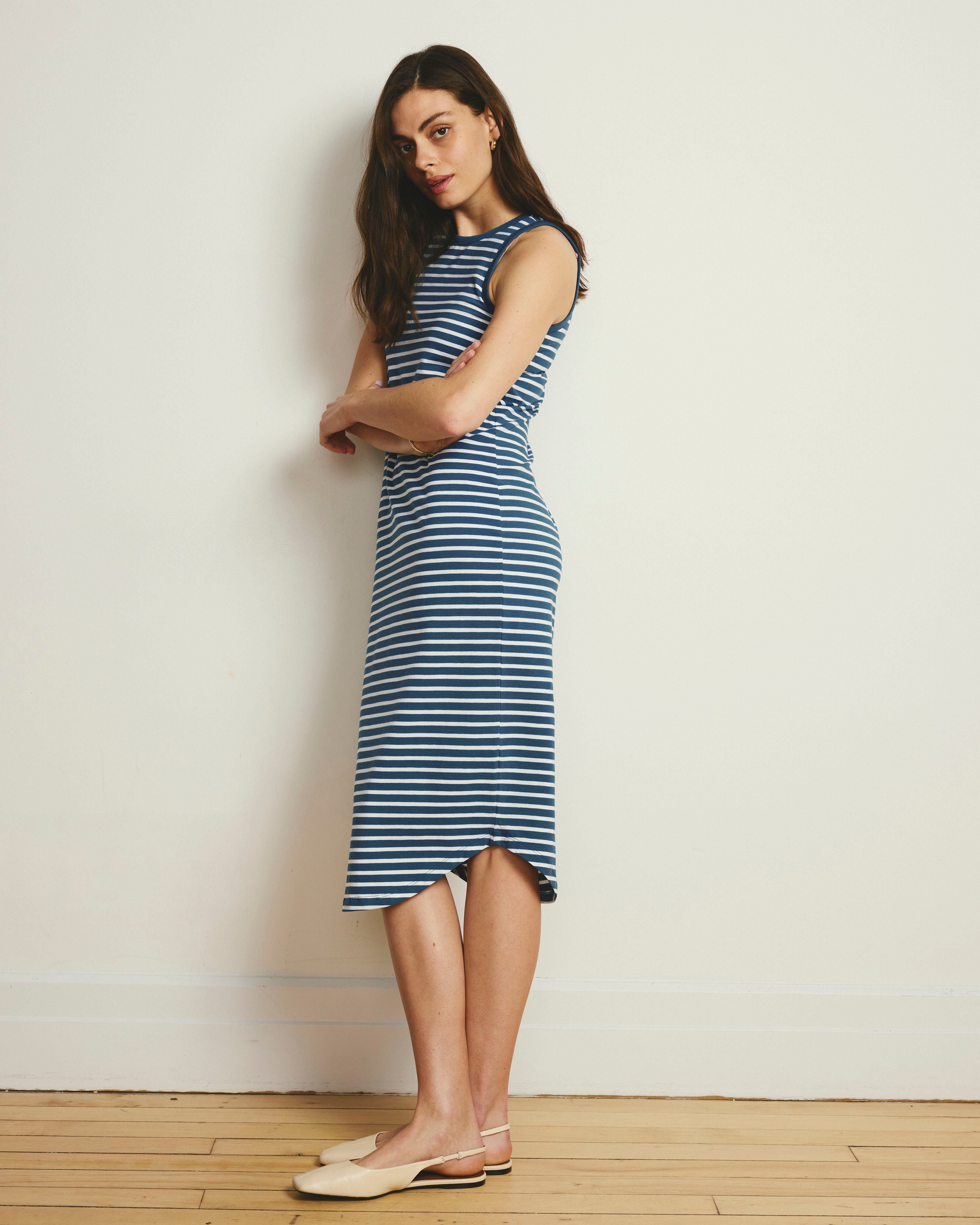 Cai High Neck Tank Dress - Ink Blue/White Stripe