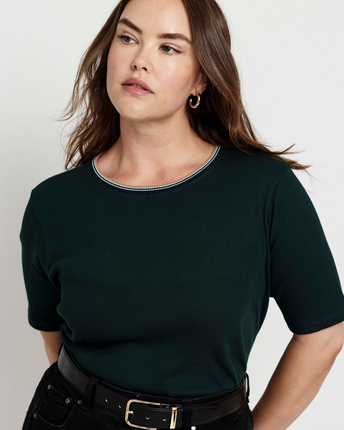 Classic Ribbed Tee - Forest Green/Striped Trim