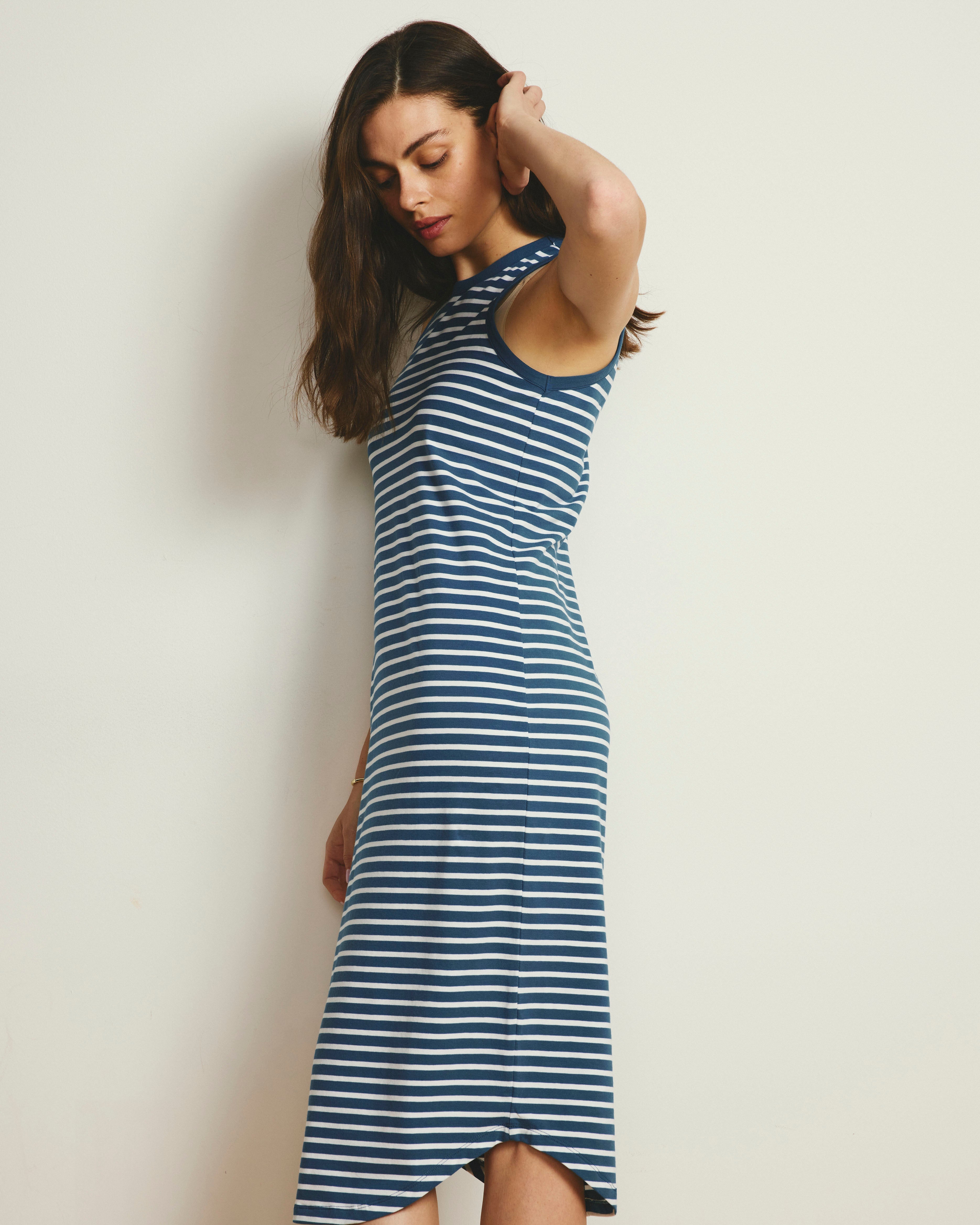 Cai High Neck Tank Dress - Ink Blue/White Stripe