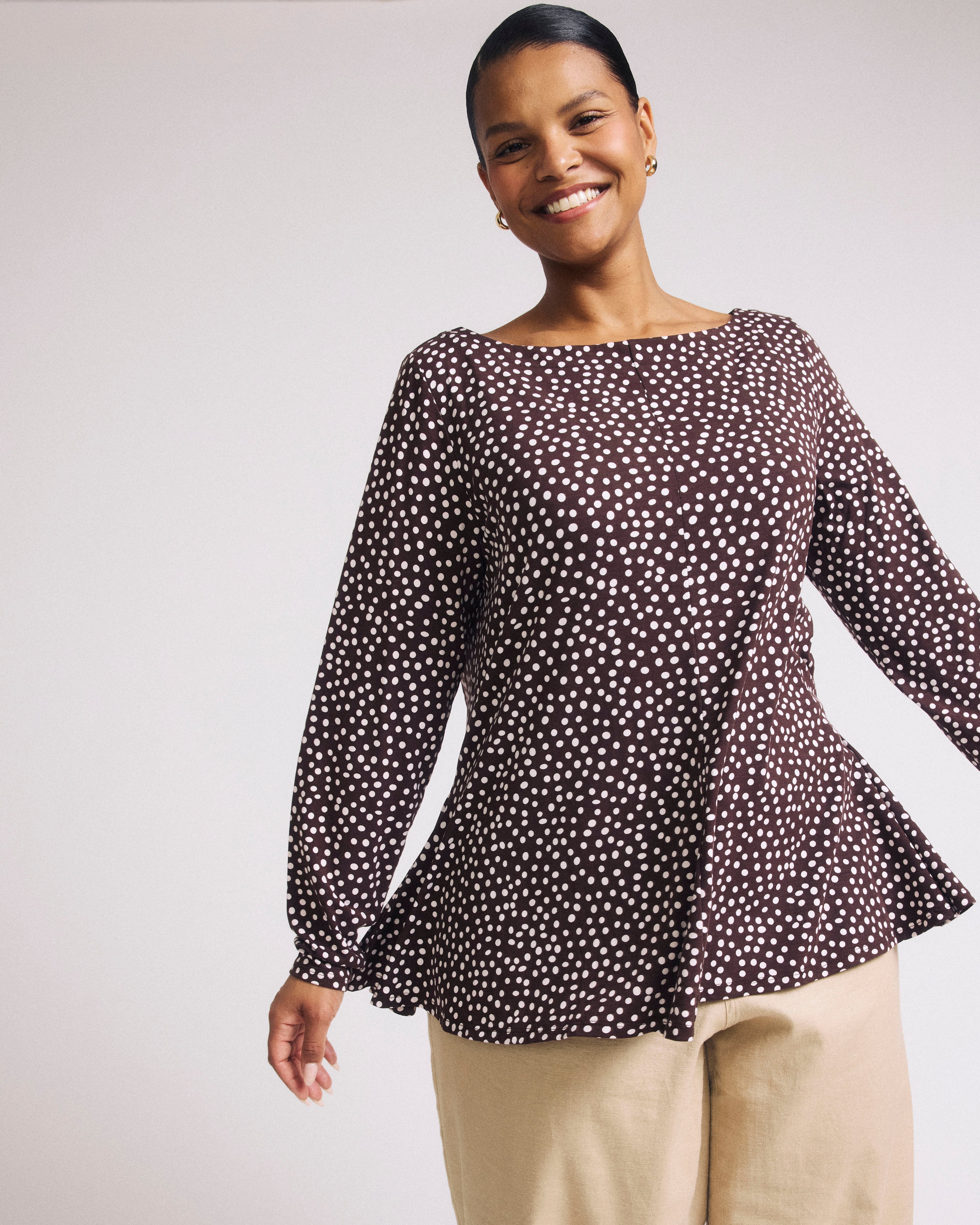 Cassandra Divine Jersey Top - Brown/White Dot Print