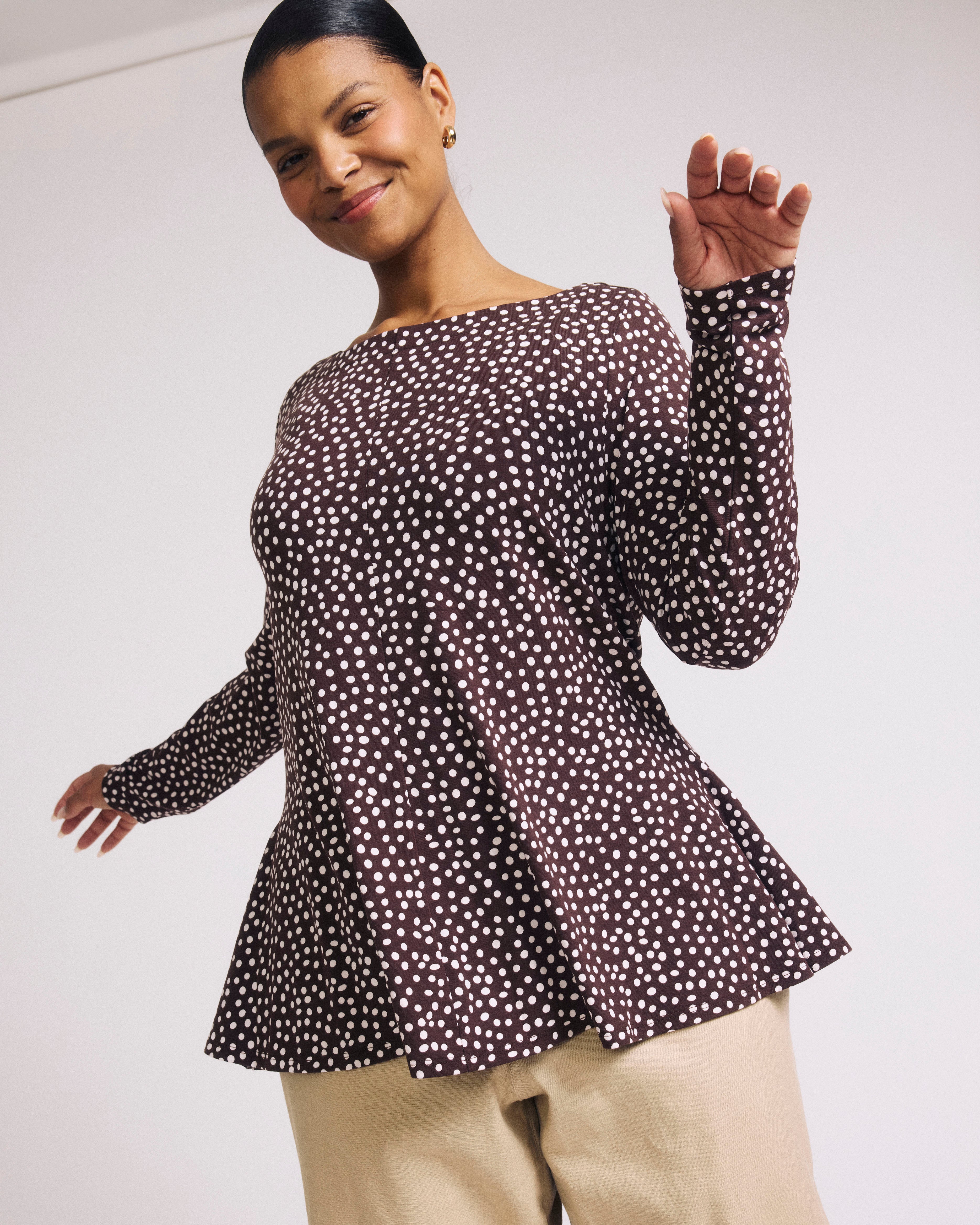 Cassandra Divine Jersey Top - Brown/White Dot Print