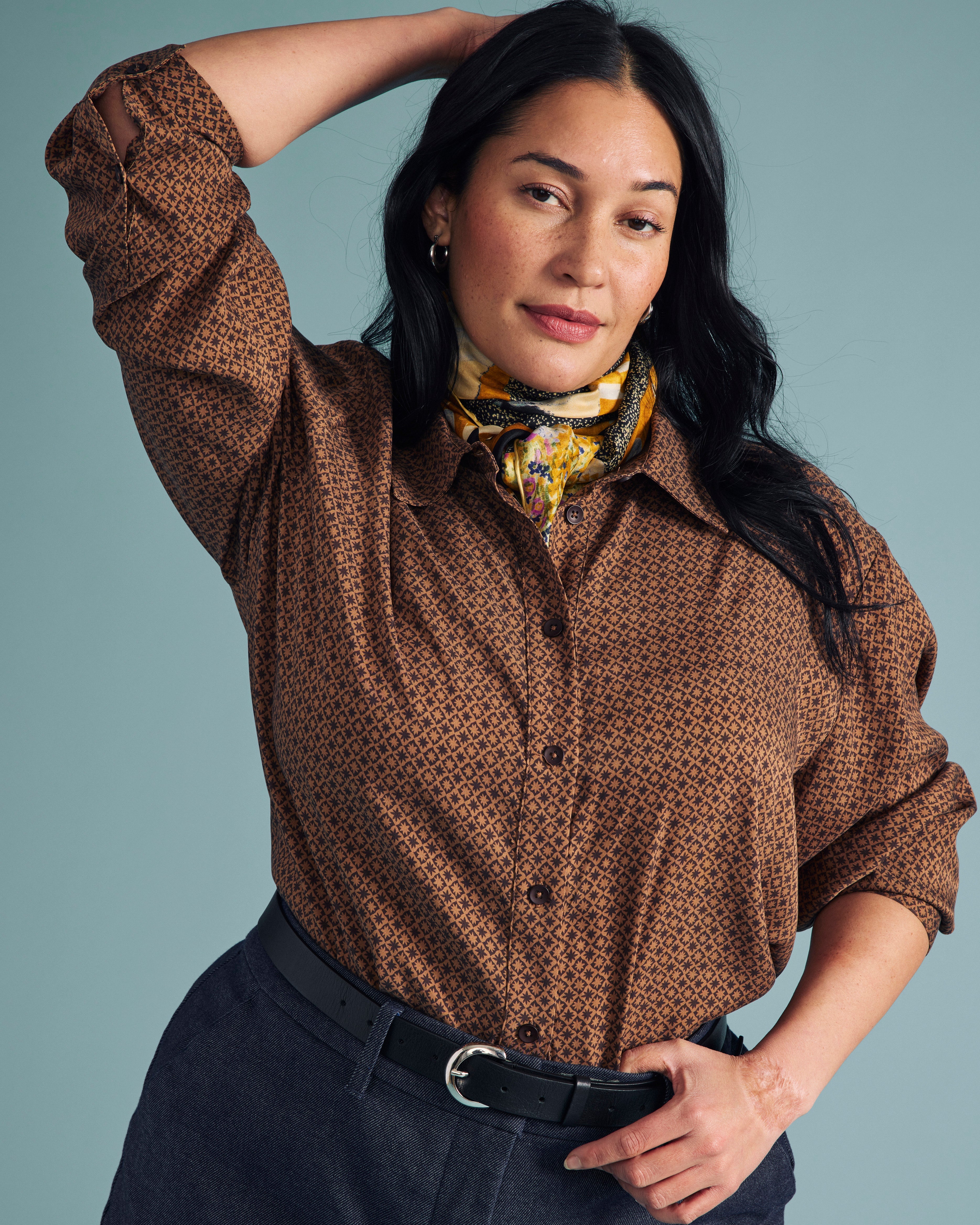 Cooling Stretch Cupro Oversized Artist Shirt - Brown Hacienda Print