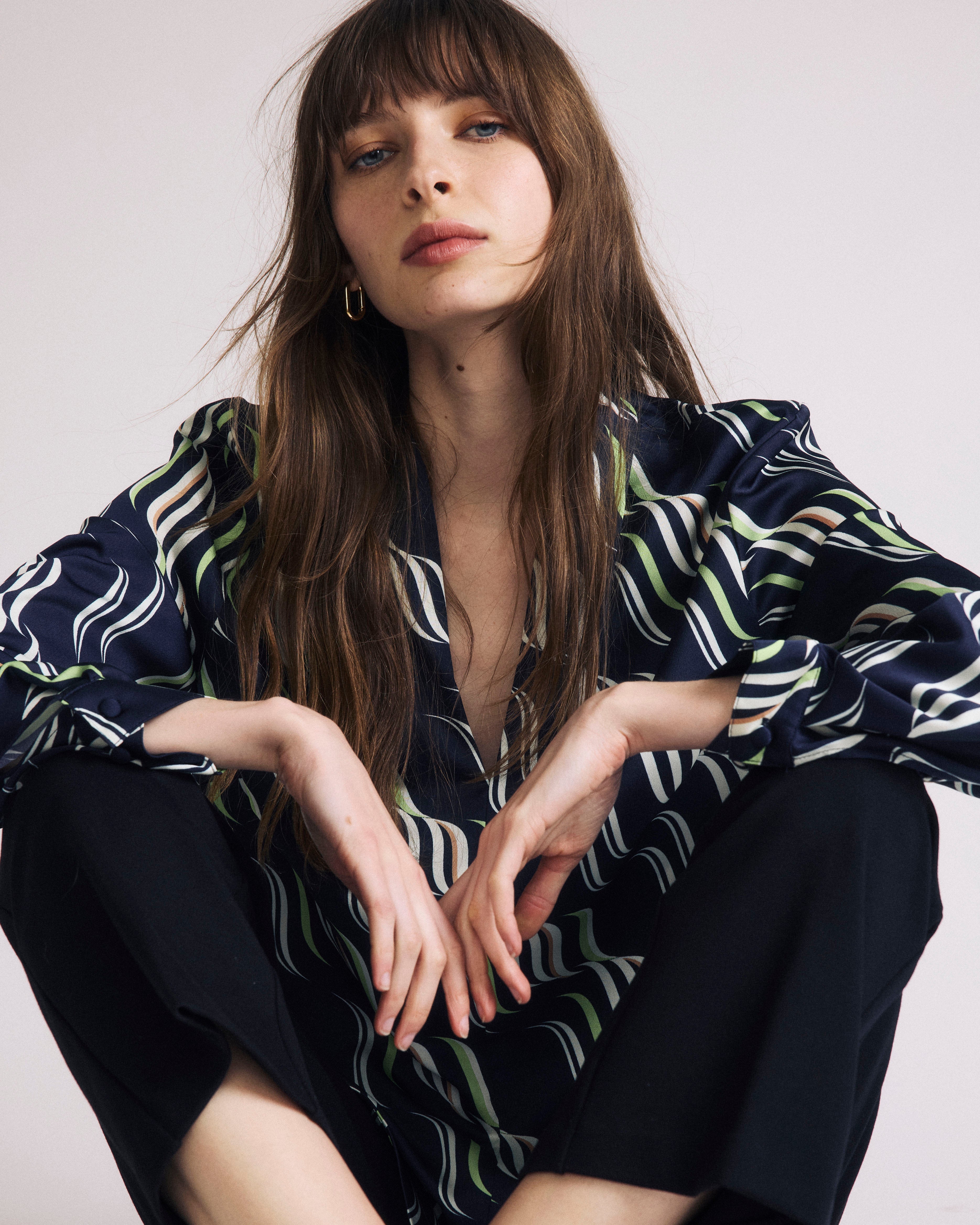 Beatrice Soft Satin Long Sleeve Top - Paddington Ribbon Print