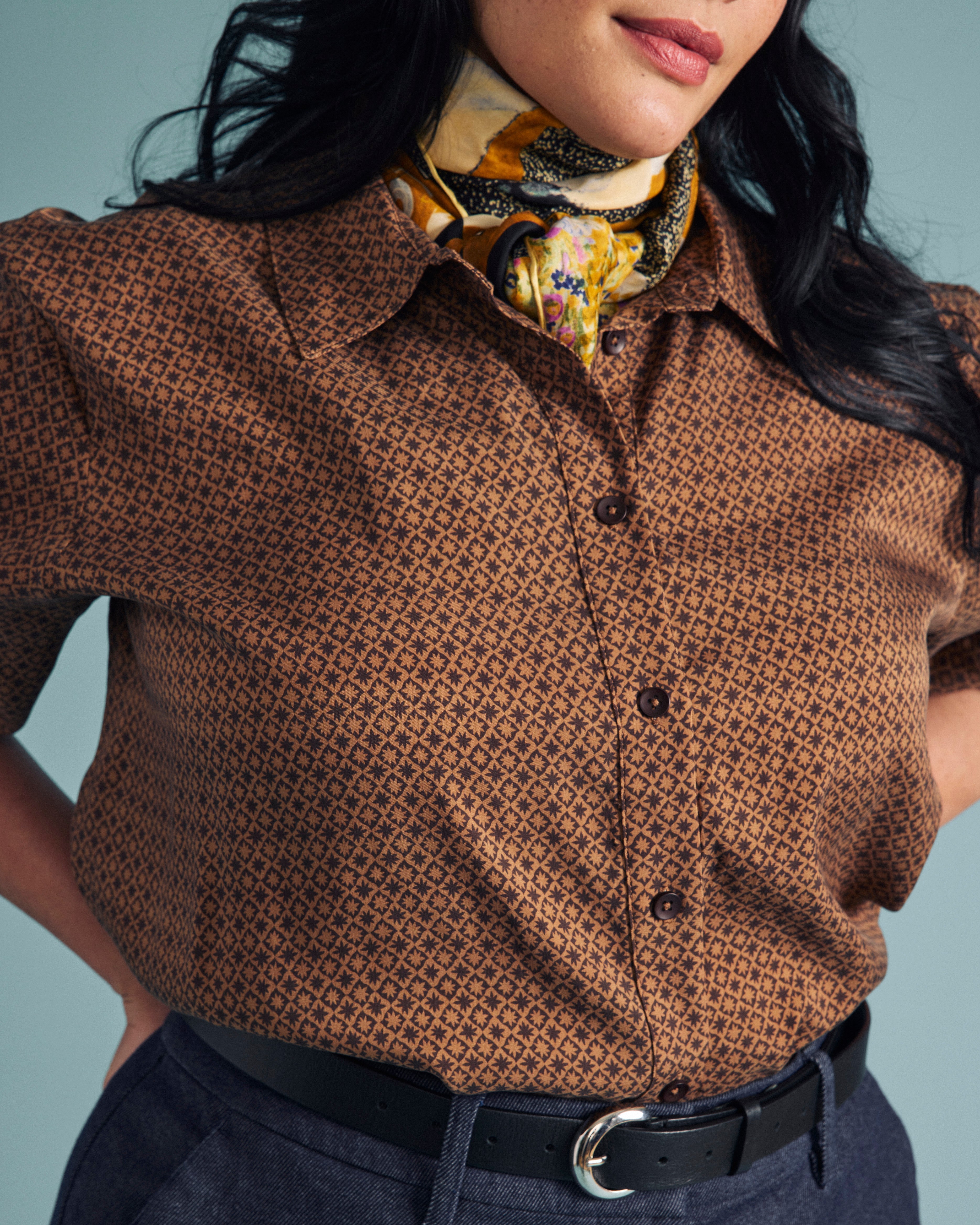 Cooling Stretch Cupro Oversized Artist Shirt - Brown Hacienda Print