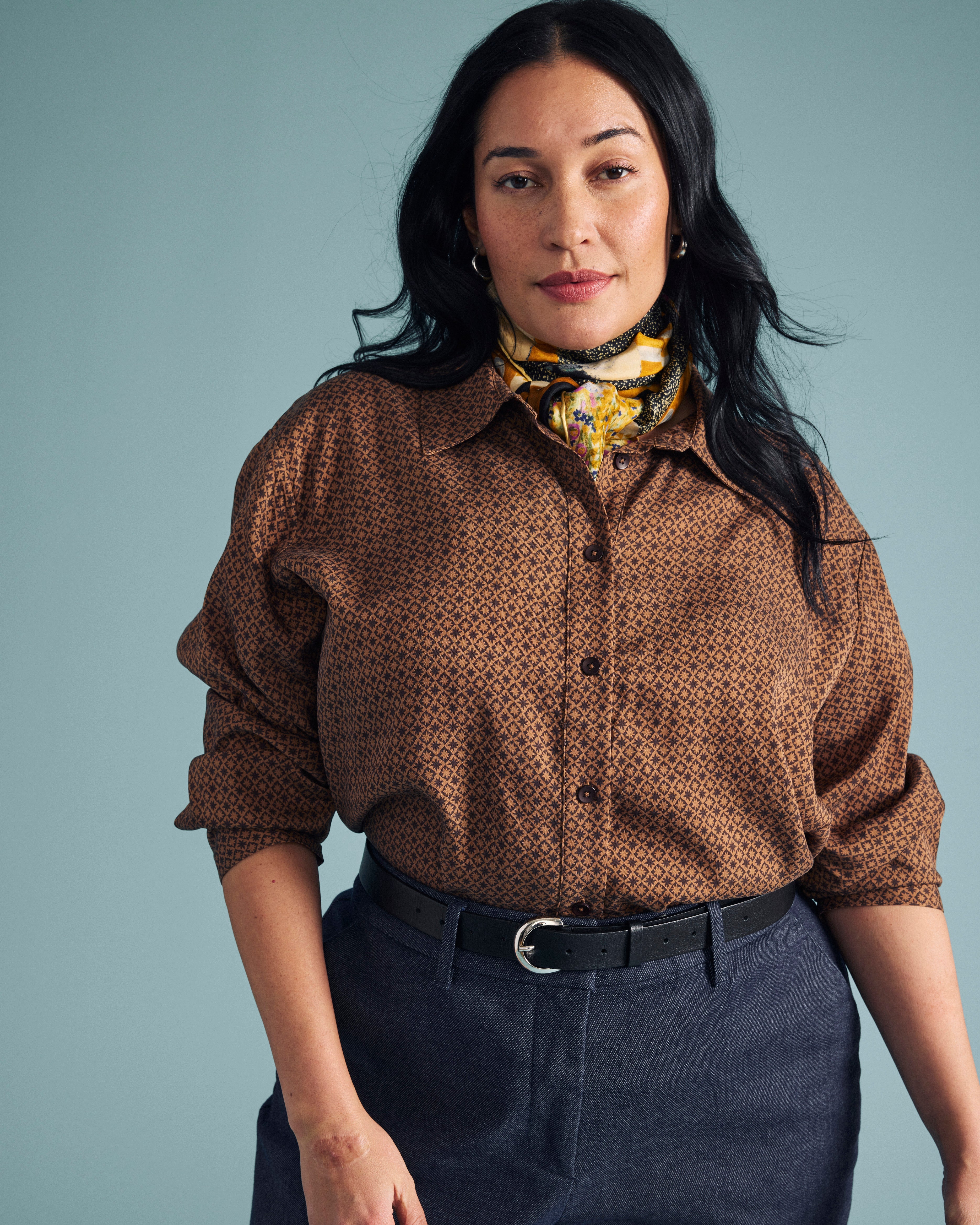 Cooling Stretch Cupro Oversized Artist Shirt - Brown Hacienda Print