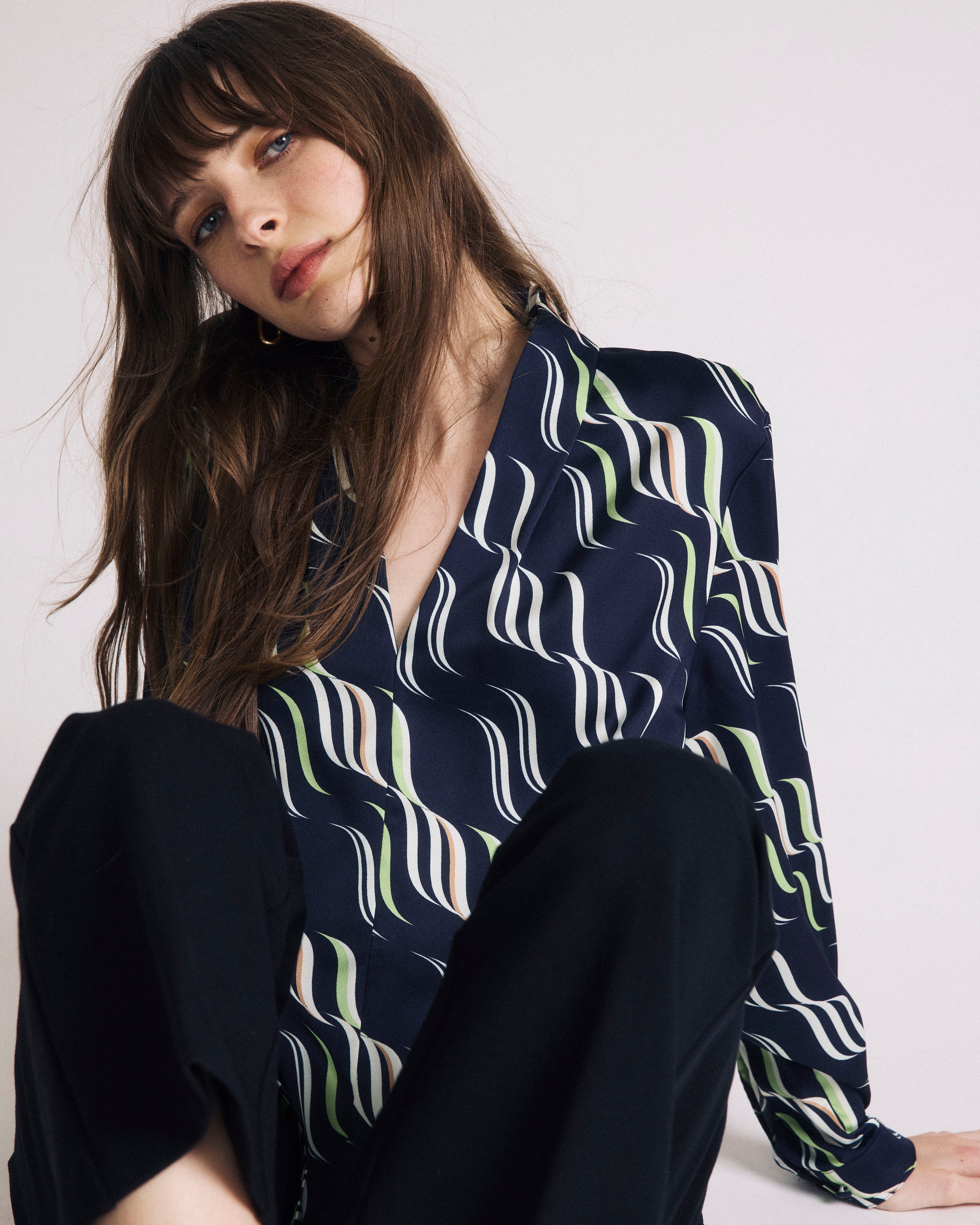 Beatrice Soft Satin Long Sleeve Top - Paddington Ribbon Print