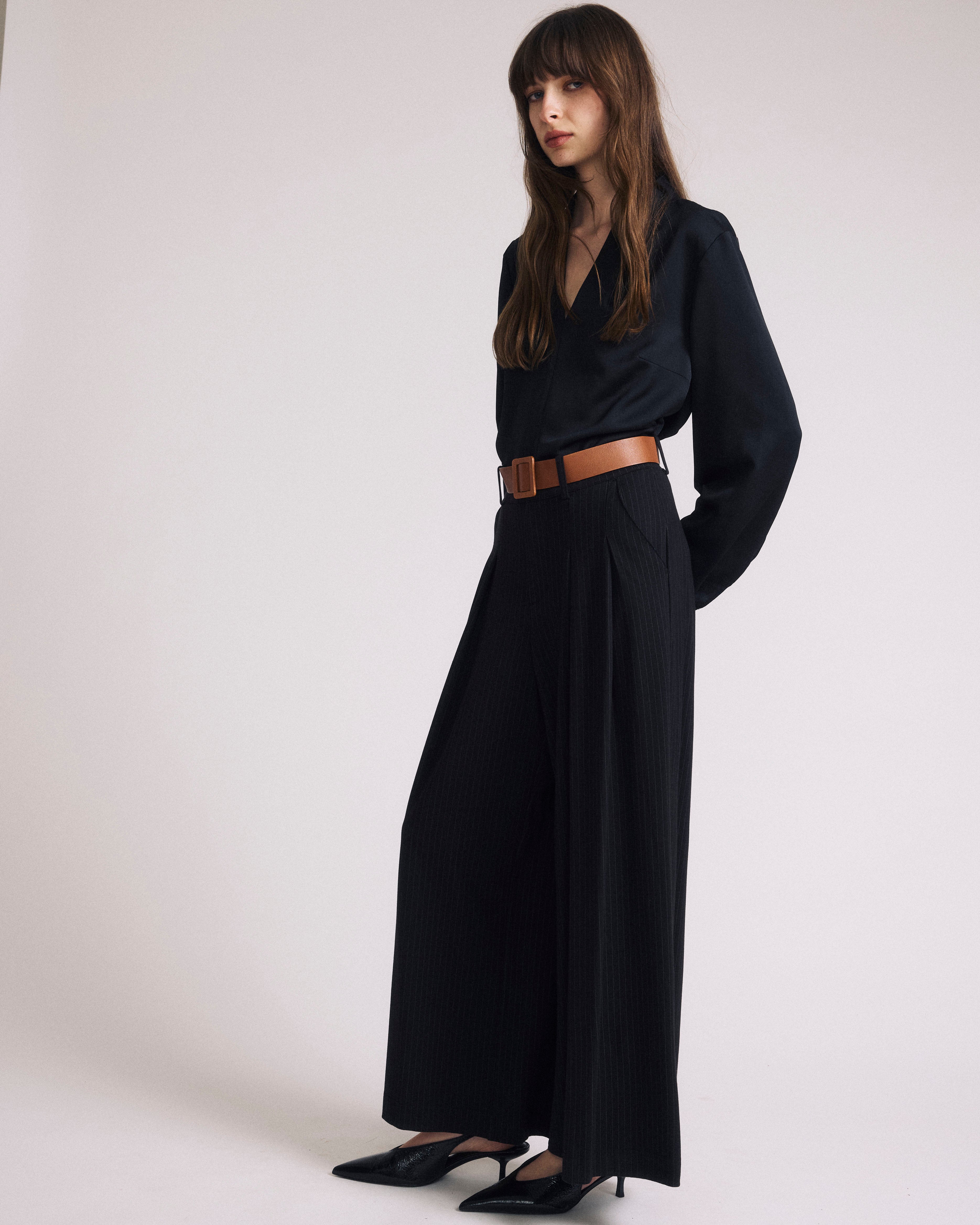 Beatrice Soft Satin Long Sleeve Top - Black