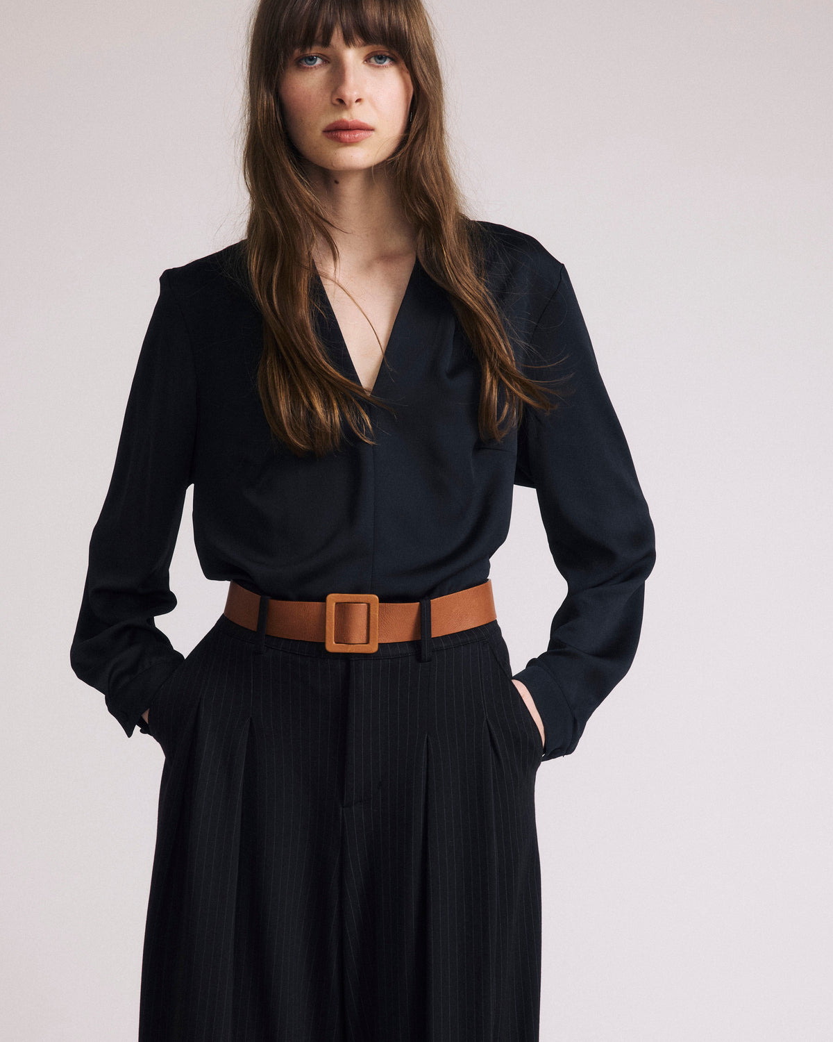 Beatrice Soft Satin Long Sleeve Top - Black
