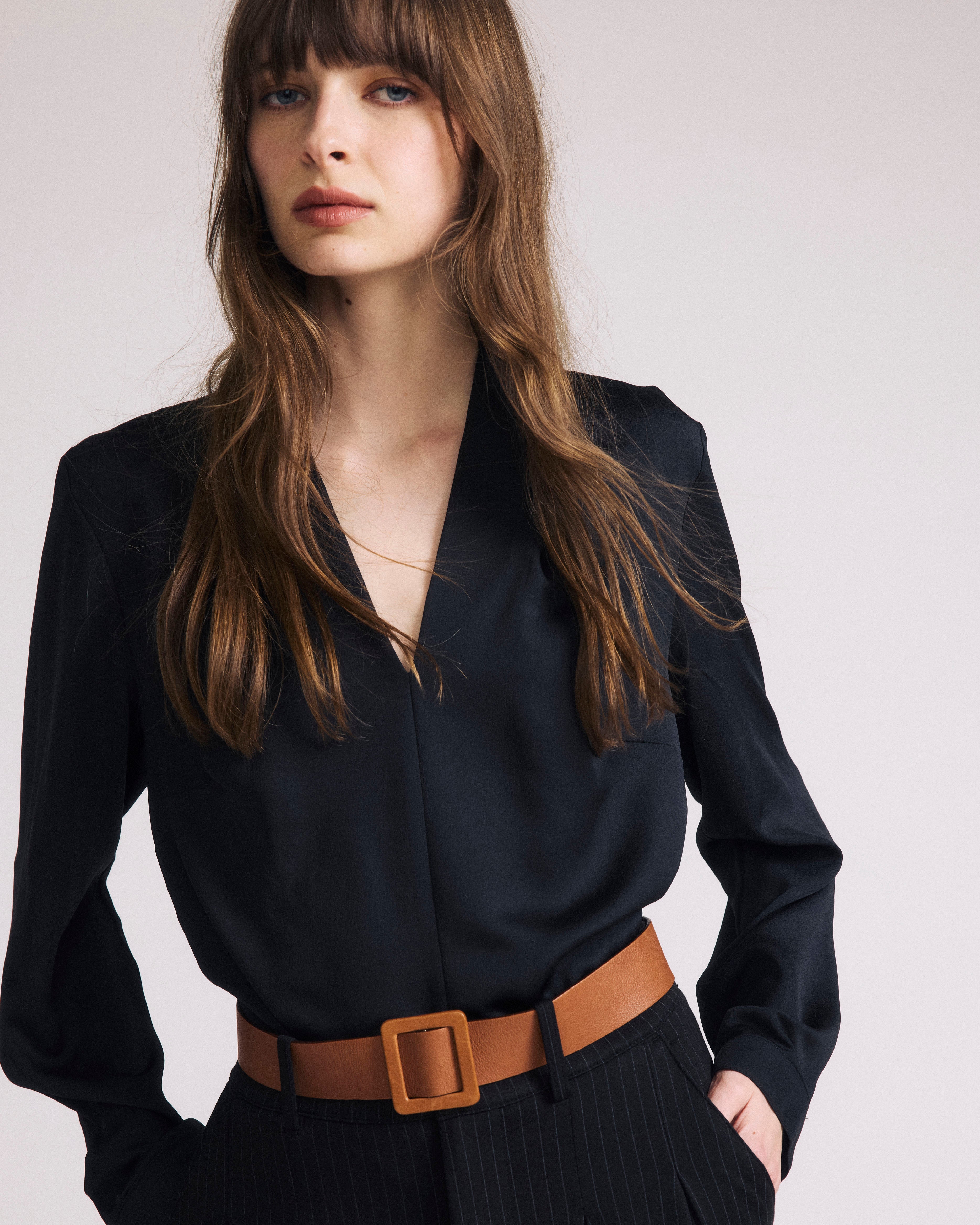 Beatrice Soft Satin Long Sleeve Top - Black