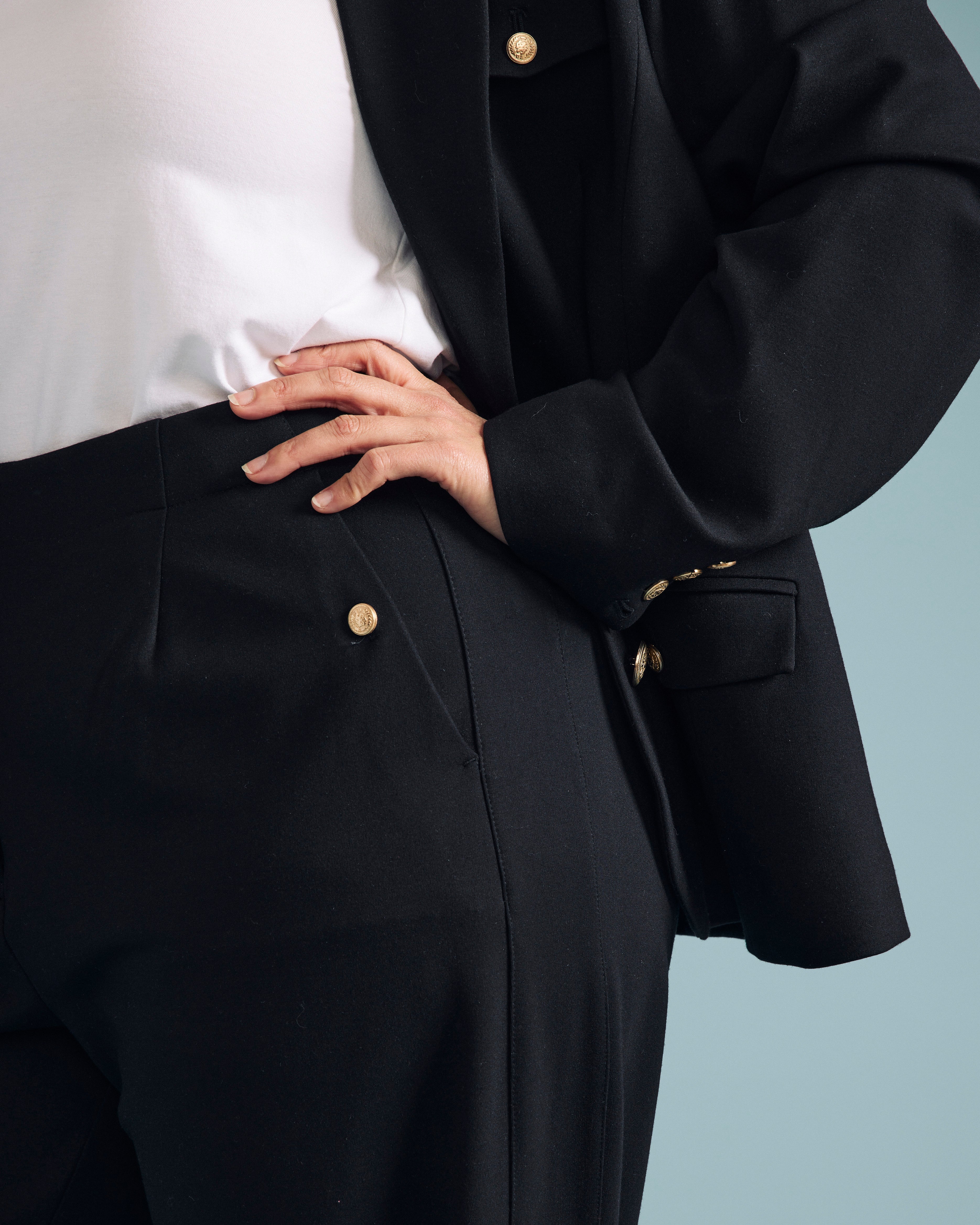 Audrey Relaxed Uniform Ponte Workpant - Black with Gold Buttons