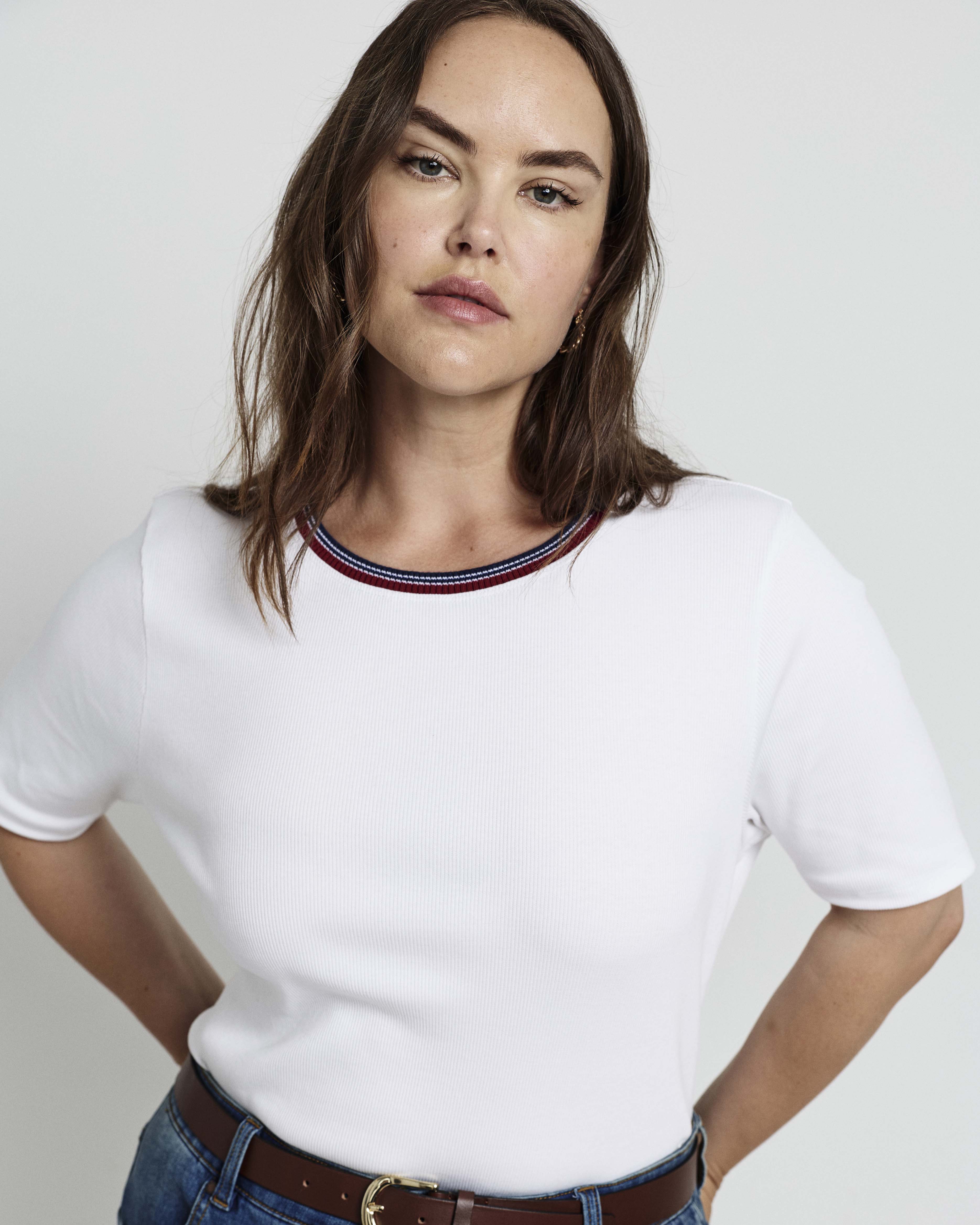 Classic Ribbed Tee - White/Striped Trim