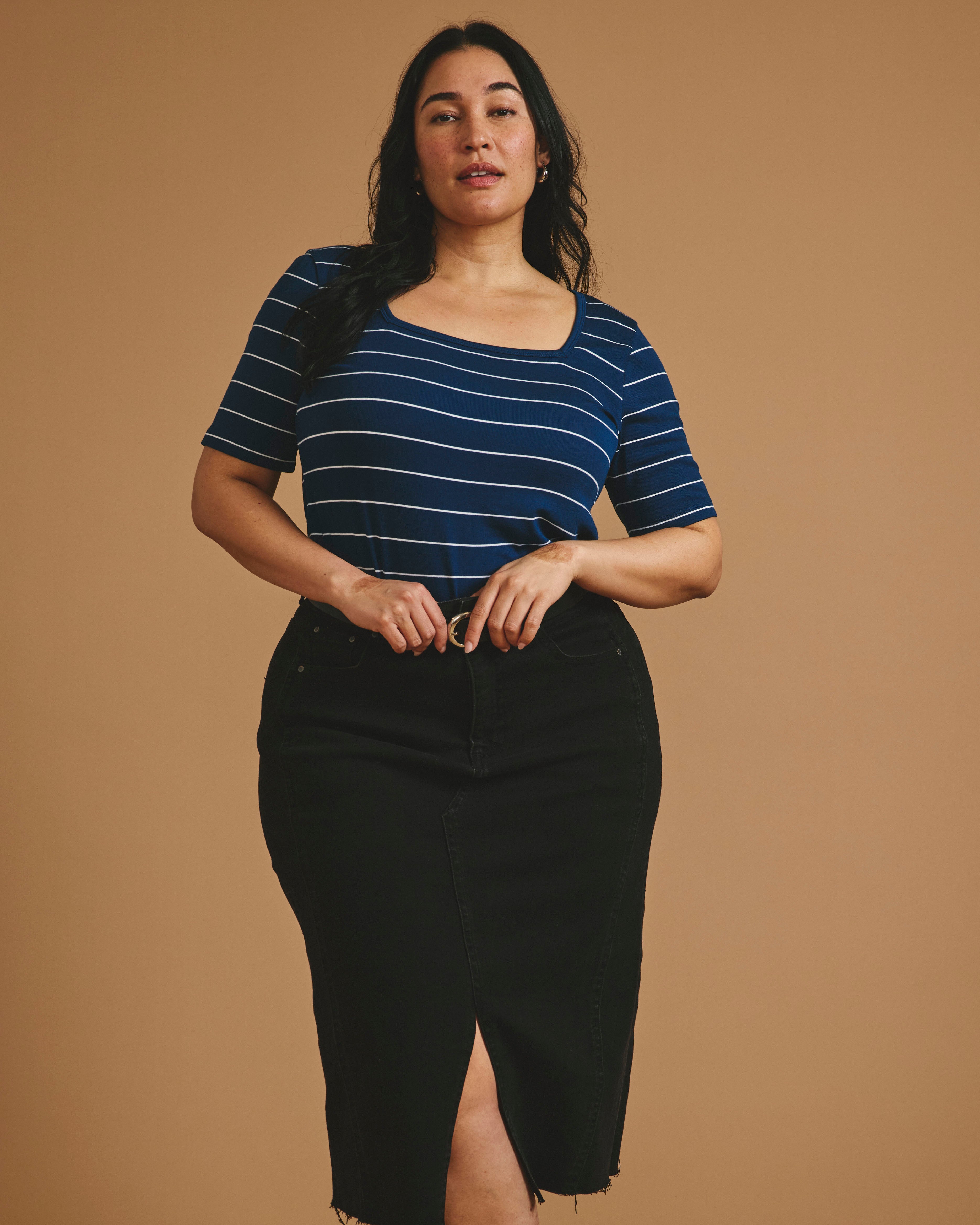 Cloud Rib Short Sleeve Square Neck Tee - Teal/White Microstripe