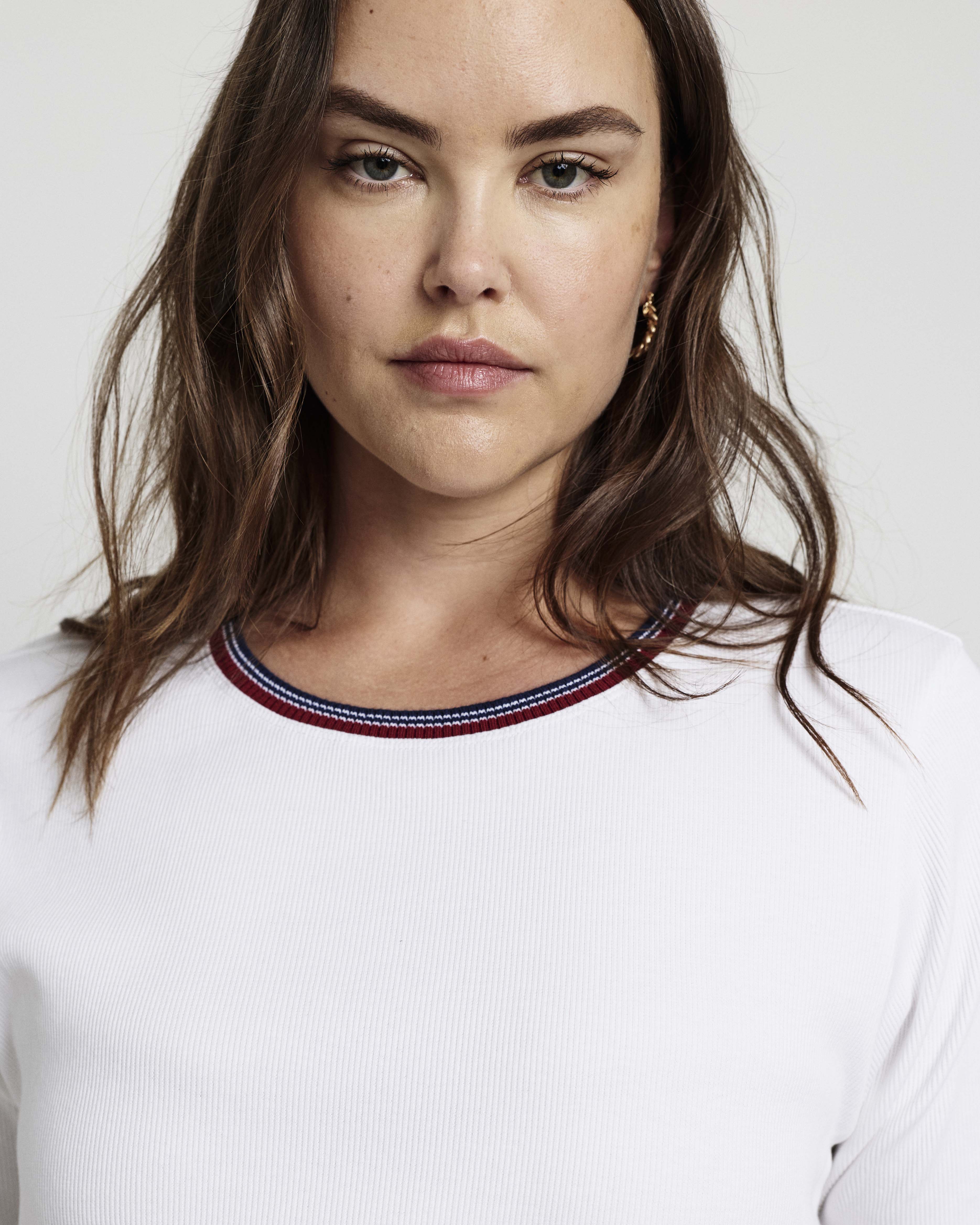 Classic Ribbed Tee - White/Striped Trim