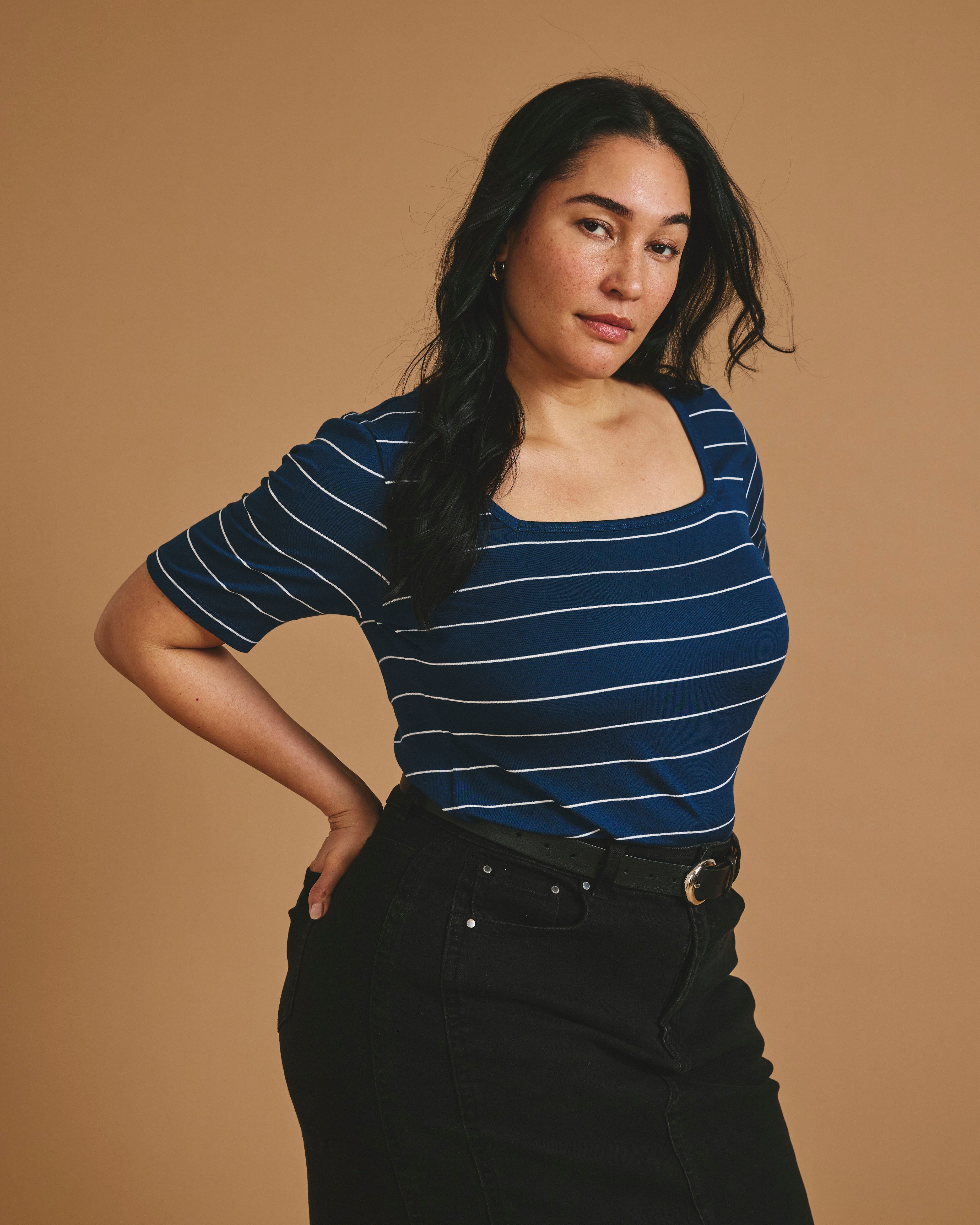 Cloud Rib Short Sleeve Square Neck Tee - Teal/White Microstripe