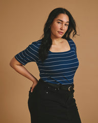 Cloud Rib Short Sleeve Square Neck Tee - Teal/White Microstripe