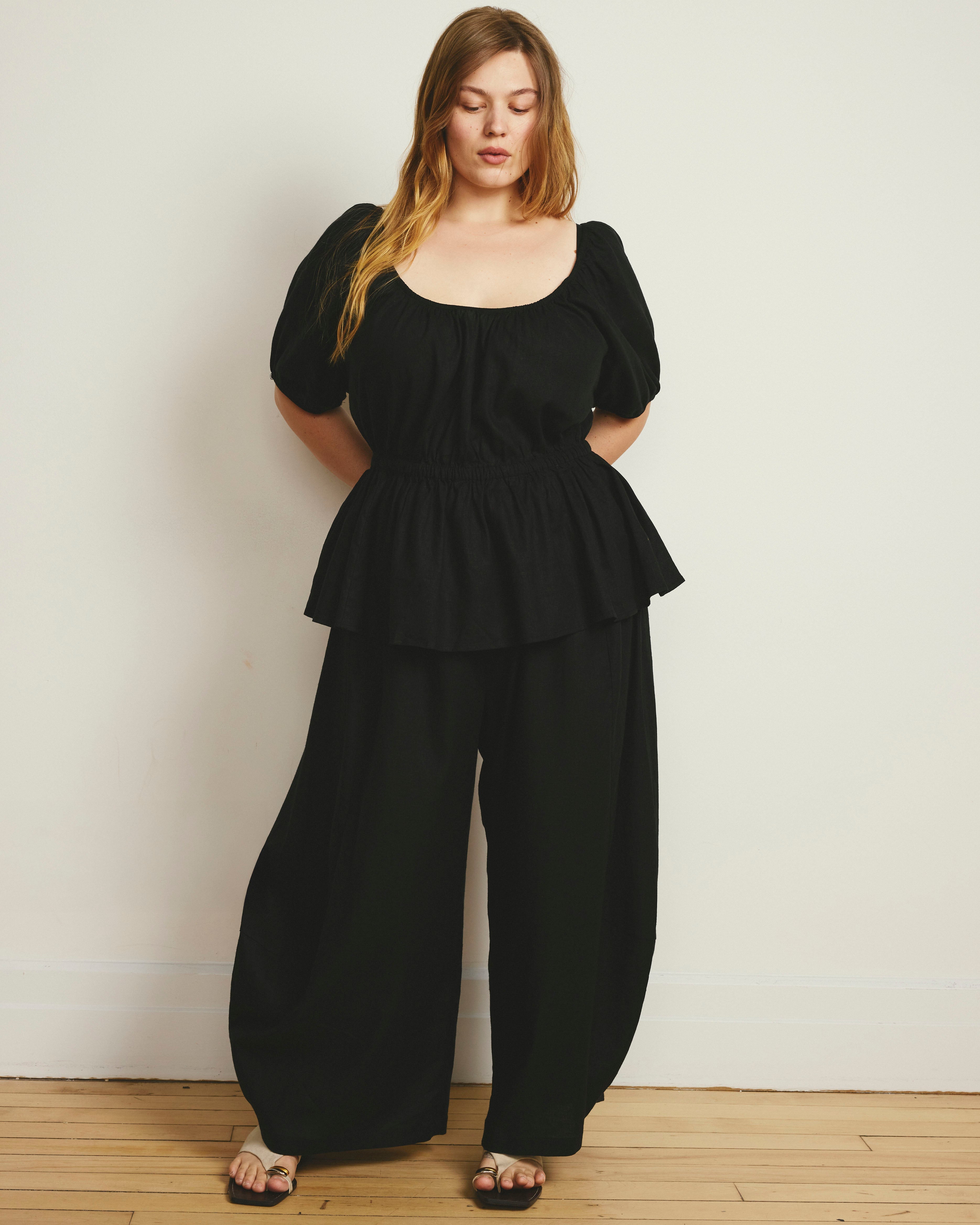 Andrea Peplum Linen Blend Top - Black