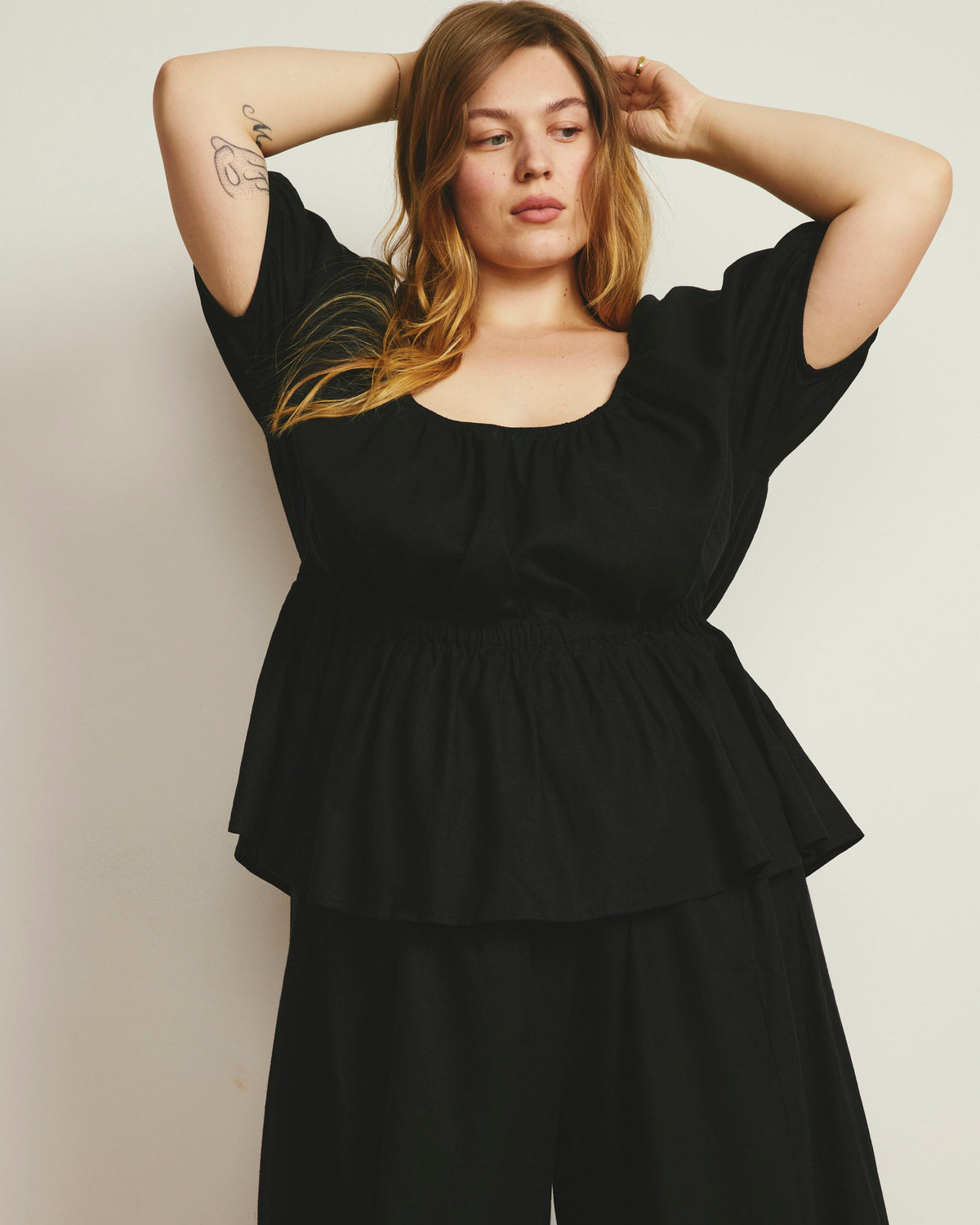 Andrea Peplum Linen Blend Top - Black