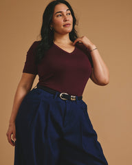Cloud Rib Short Sleeve V-Neck Tee - Black Cherry