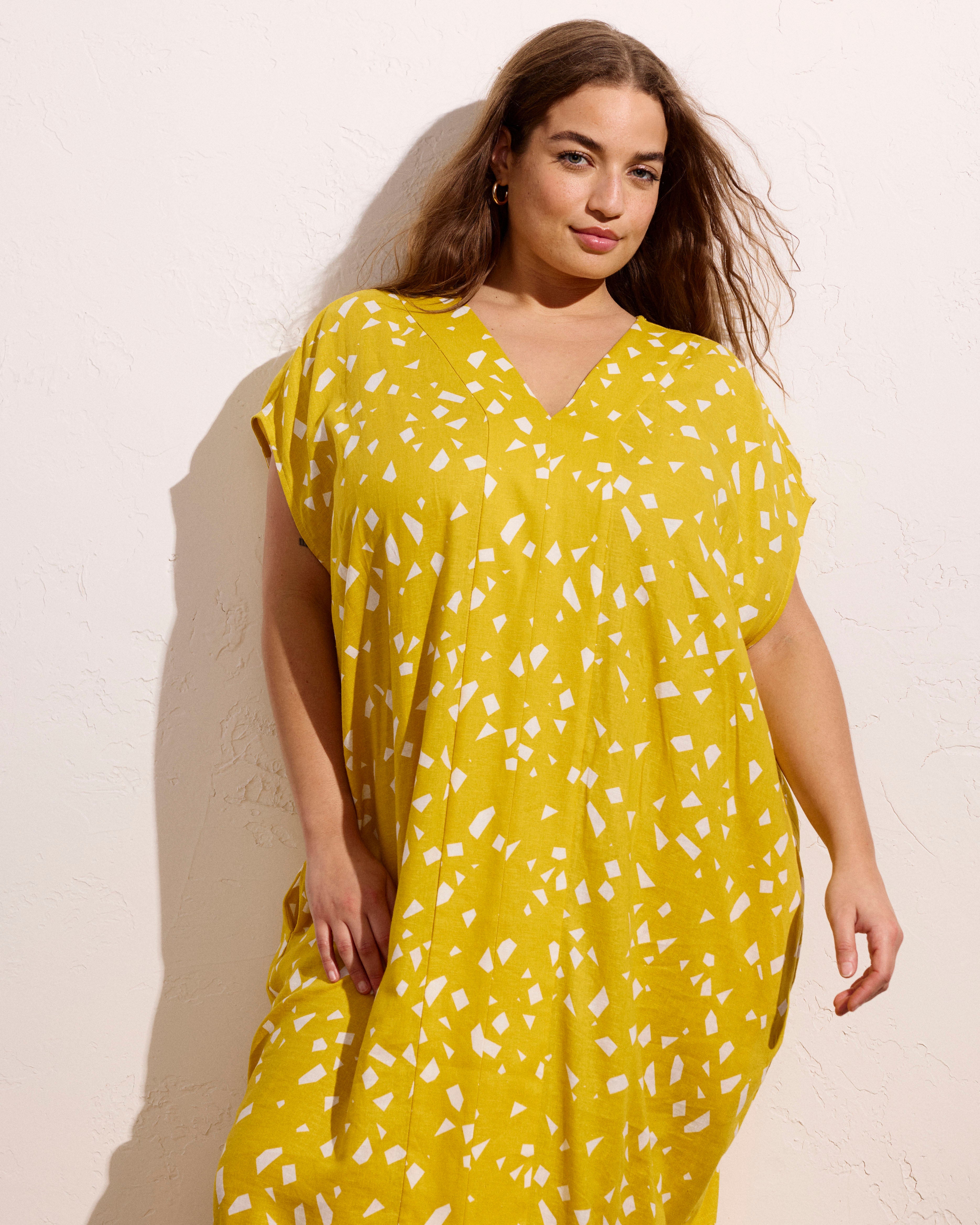 Cabana Linen Blend Kaftan - Yellow Confetti Print