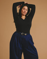 Cloud Rib Long Sleeve V-Neck Tee - Black