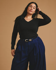 Cloud Rib Long Sleeve V-Neck Tee - Black