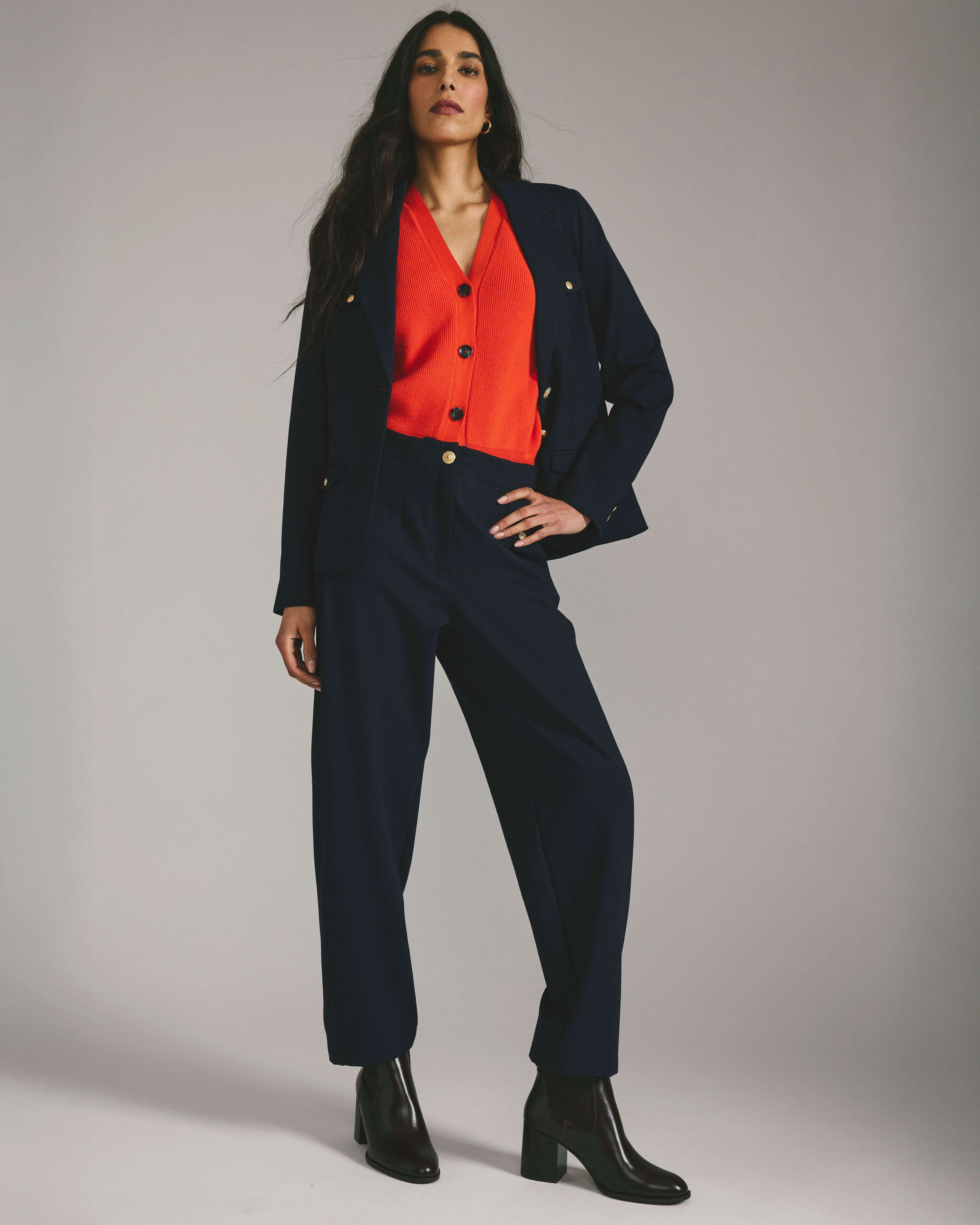 Audrey Relaxed Uniform Ponte Workpant - Navy with Gold Buttons