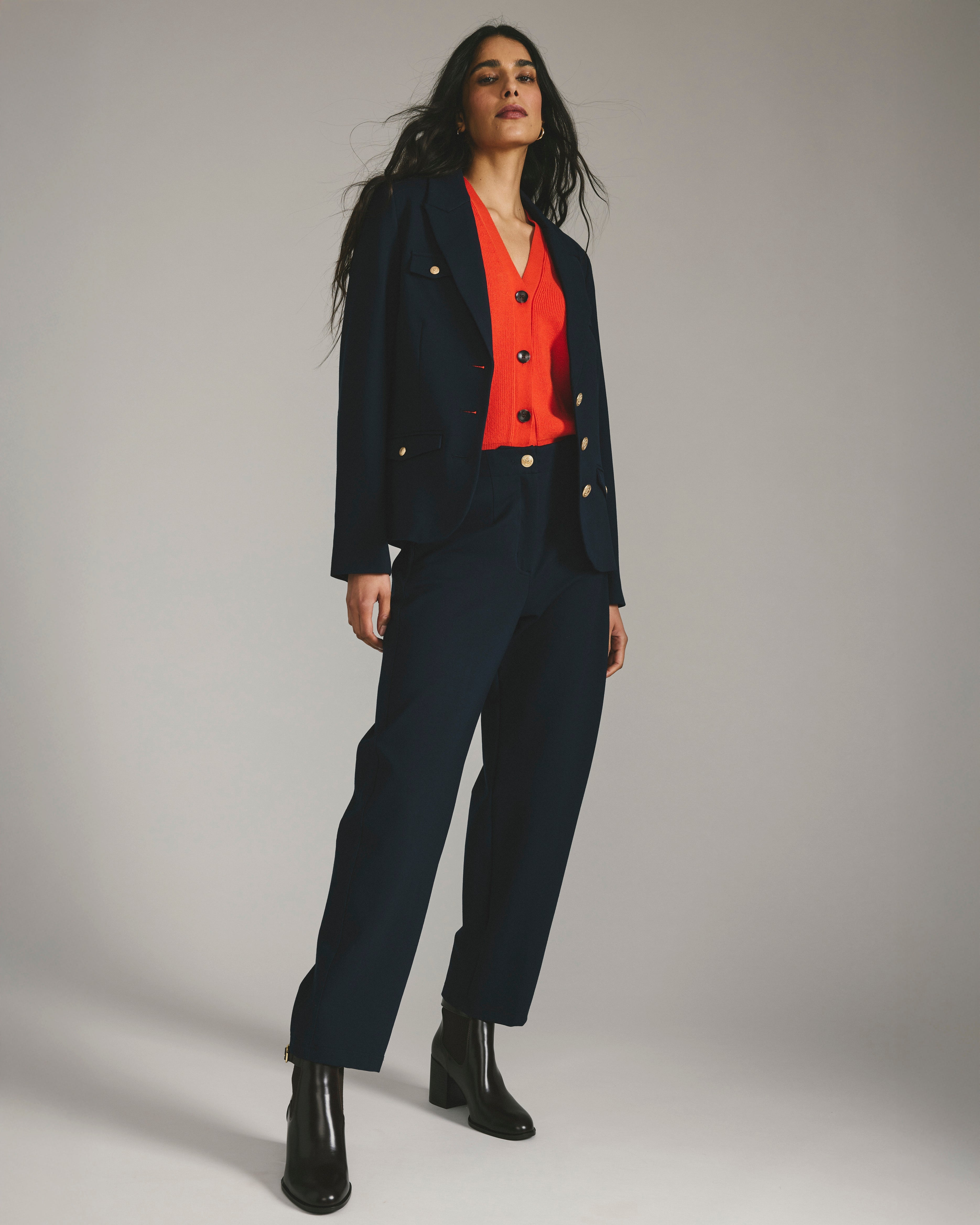 Audrey Relaxed Uniform Ponte Workpant - Navy with Gold Buttons