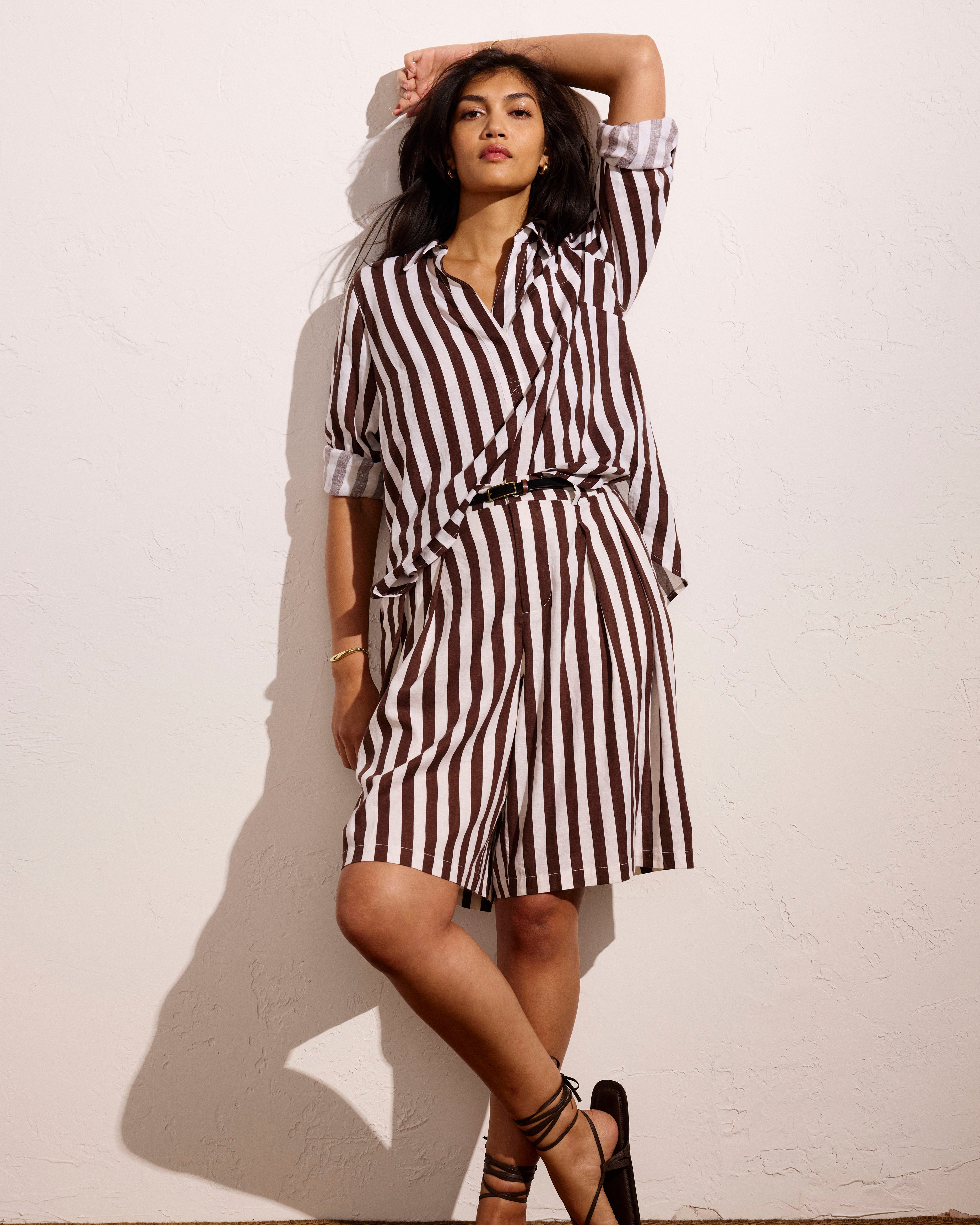 Button Back Linen Blend Polo Shirt - Peppercorn Stripe