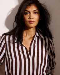 Button Back Linen Blend Polo Shirt - Peppercorn Stripe