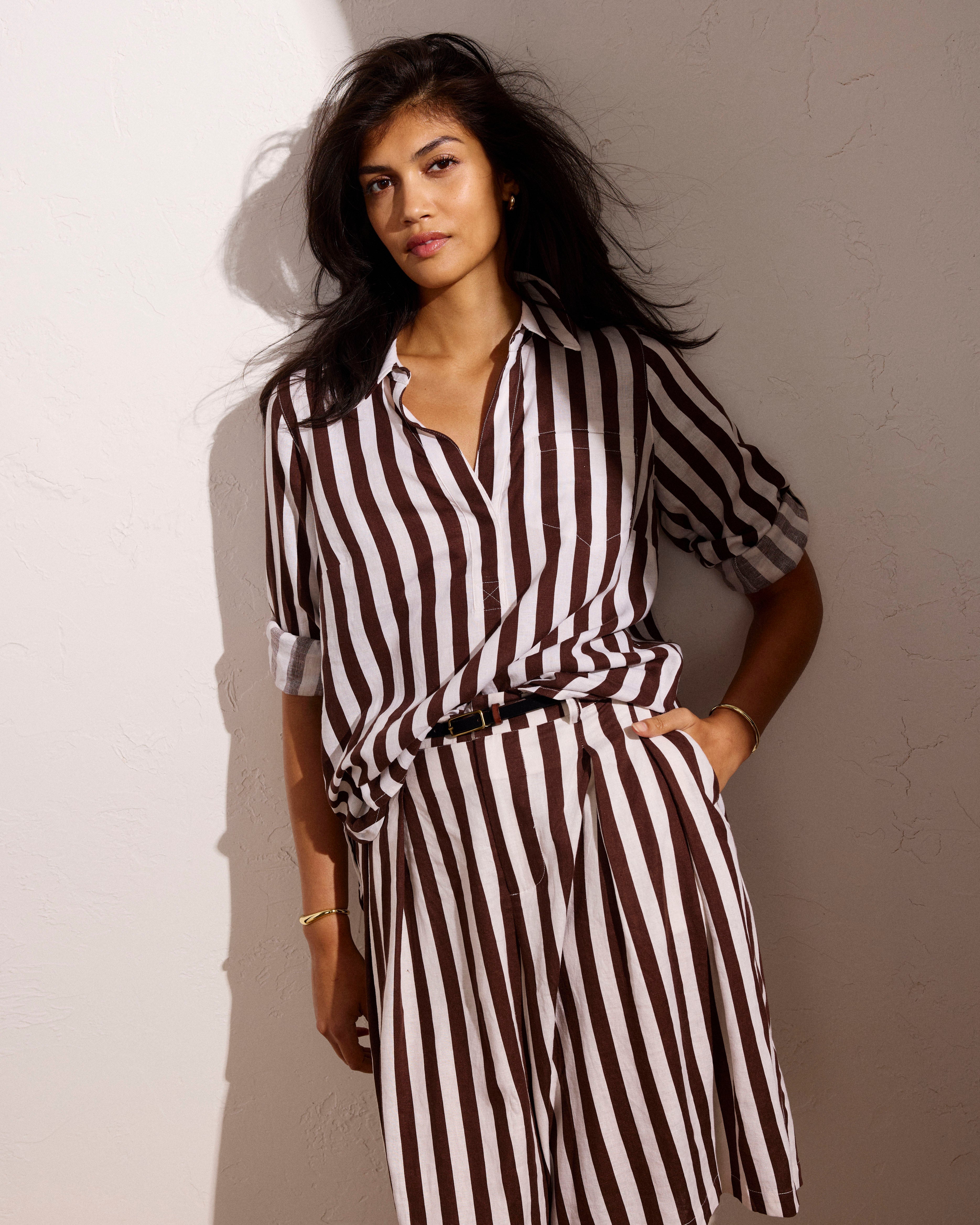 Button Back Linen Blend Polo Shirt - Peppercorn Stripe
