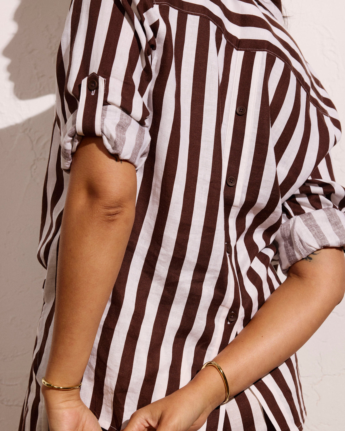 Button Back Linen Blend Polo Shirt - Peppercorn Stripe