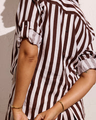 Button Back Linen Blend Polo Shirt - Peppercorn Stripe