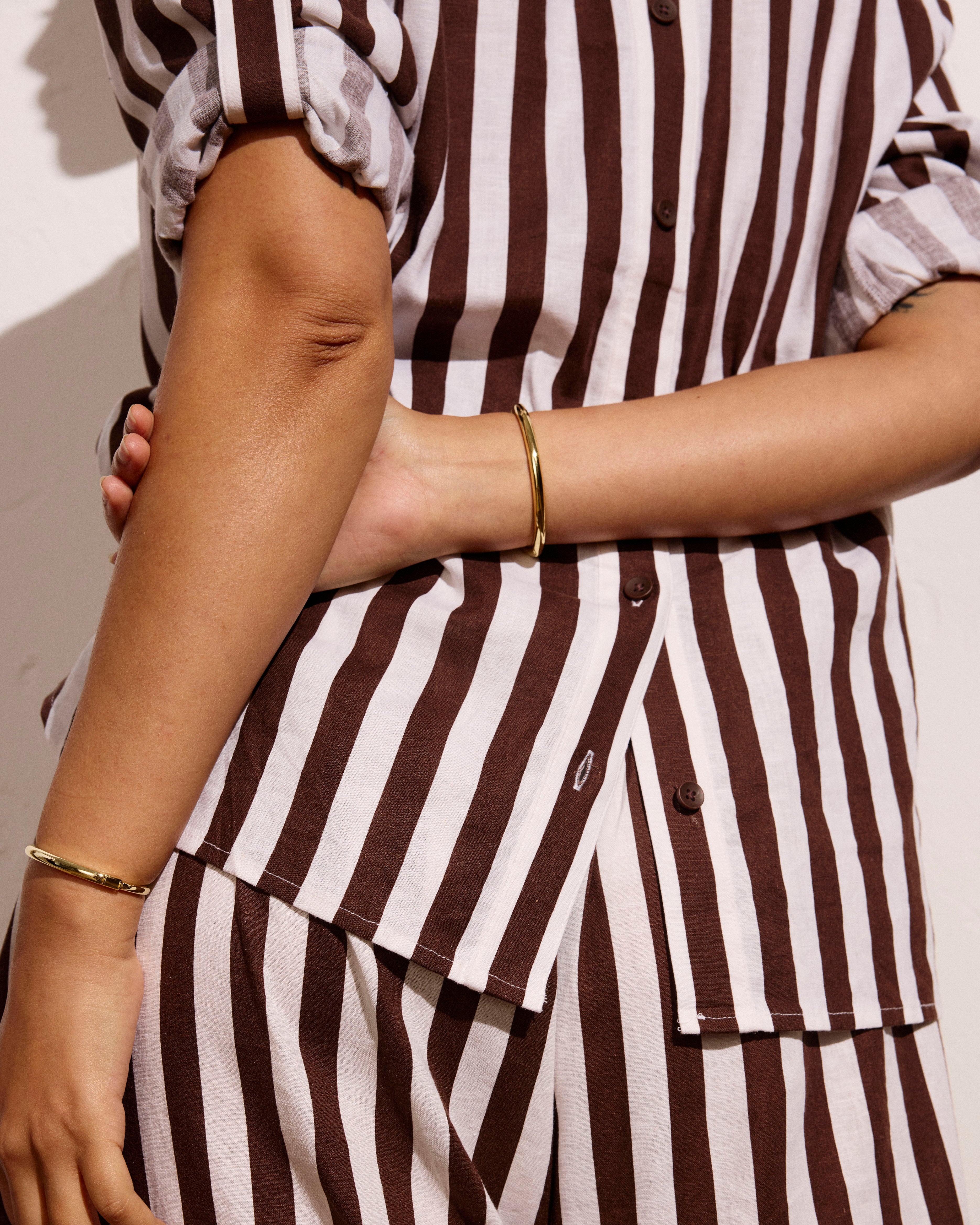 Button Back Linen Blend Polo Shirt - Peppercorn Stripe