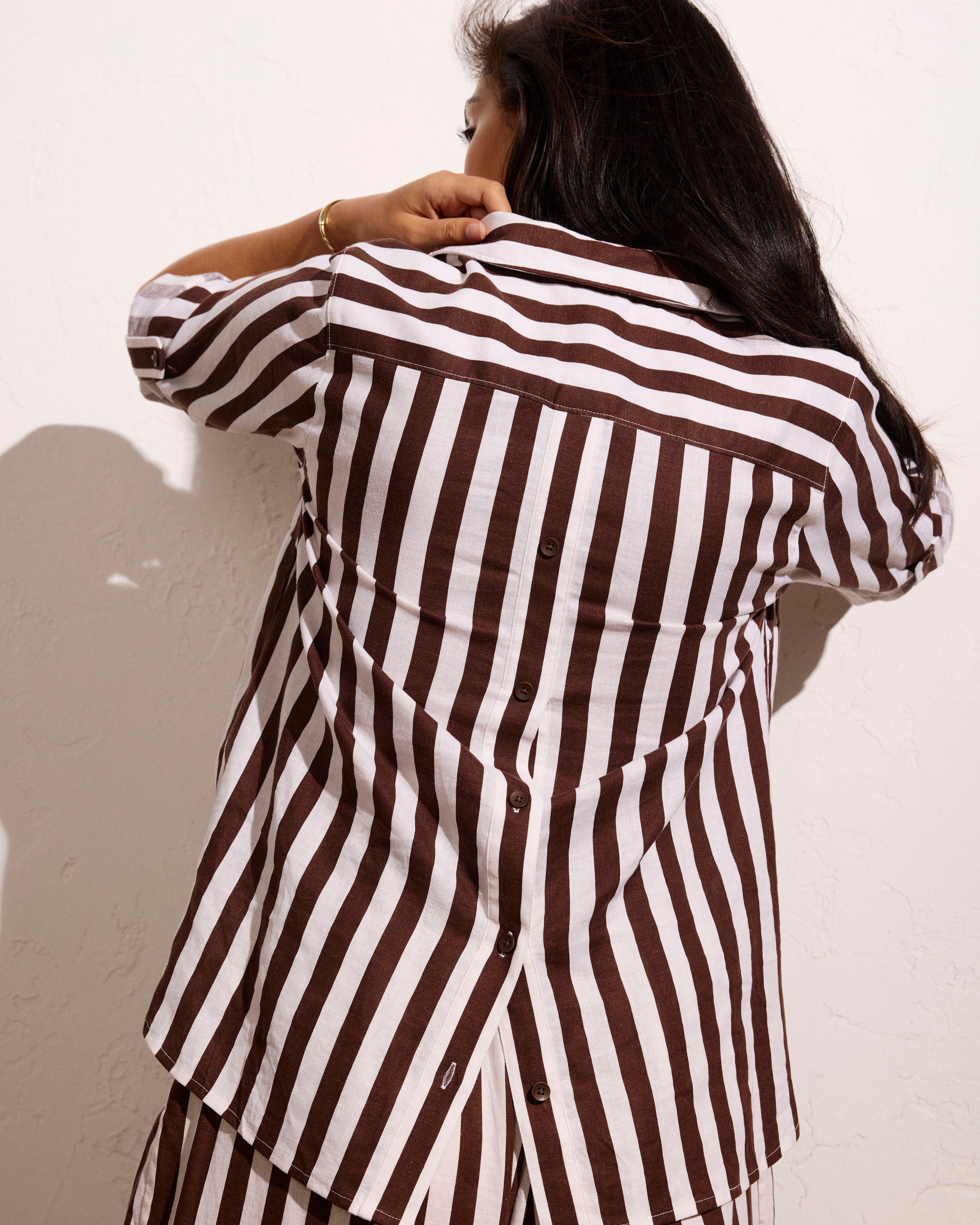 Button Back Linen Blend Polo Shirt - Peppercorn Stripe