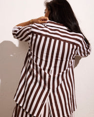 Button Back Linen Blend Polo Shirt - Peppercorn Stripe