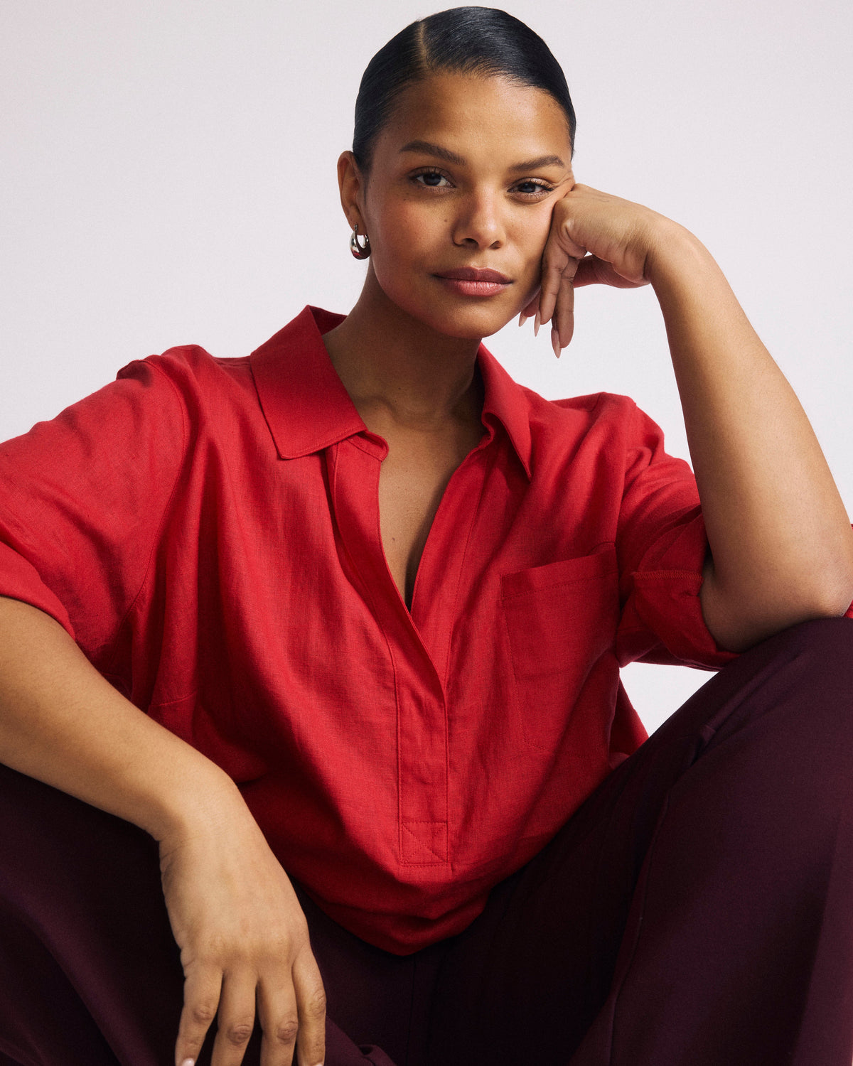 Button Back Linen Blend Polo Shirt - Brilliant Red