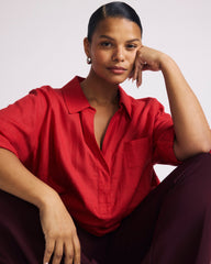 Button Back Linen Blend Polo Shirt - Brilliant Red
